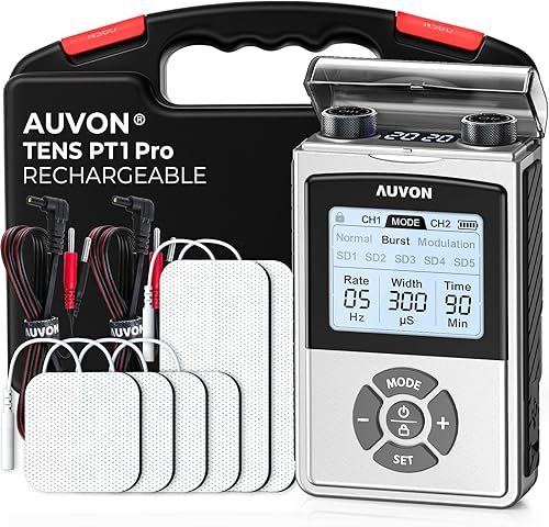 AUVON Estimulador muscular digital recargable con batería de 600 mAh, máquina TENS con 8 modos personalizables, masajeador eléctrico para hombro,