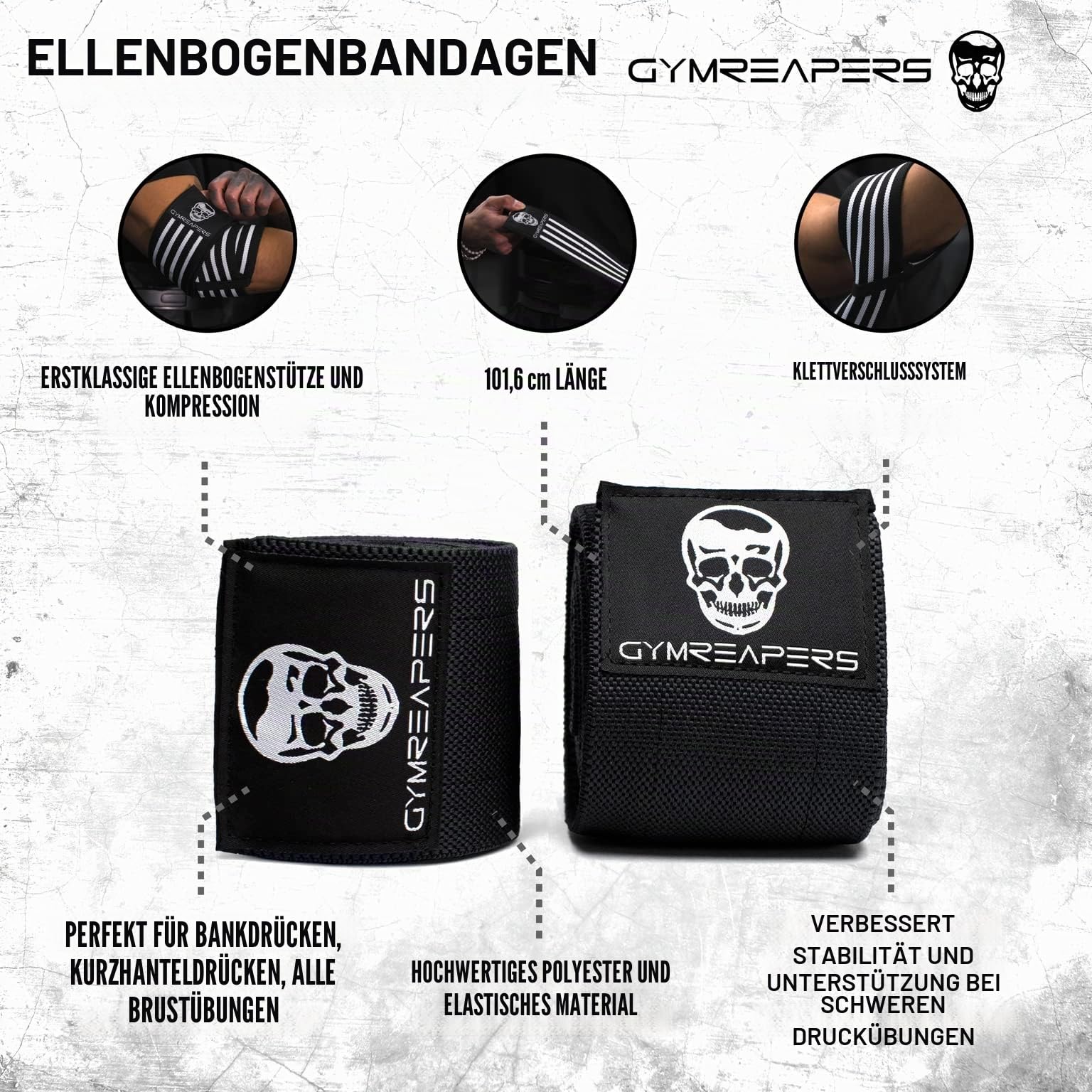 Gymreapers Gewichtheben, Ellenbogenbandage, flexibel, 101,6 cm, Ellenbogen-Kompressionsriemen und Gelenkbandage, für Bankdrücken, Powerlifting und Drücken (schwarz)