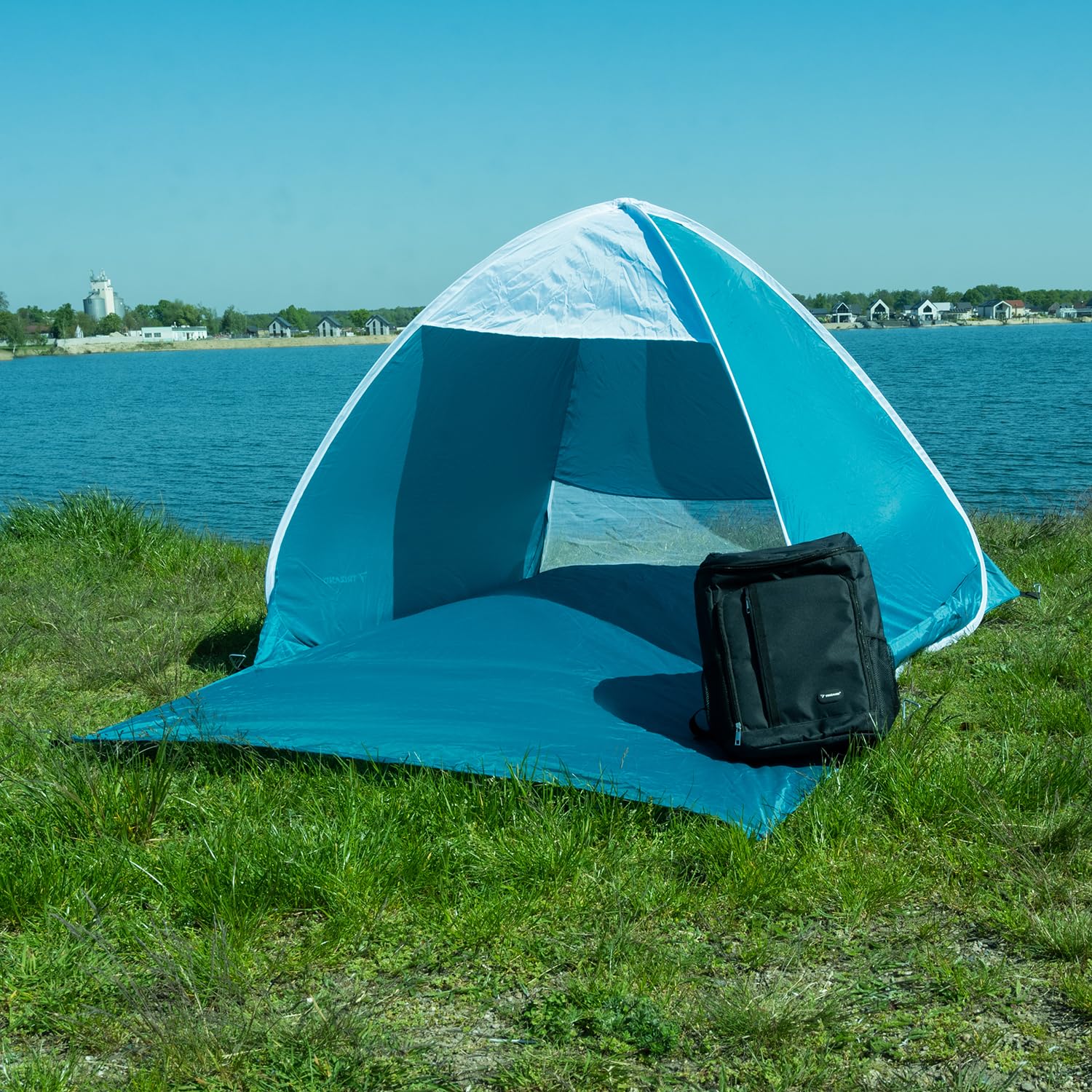 Tienda de playa Pop Up para 2 personas, 150 x 120 x 110 cm, protección contra el viento y los rayos UV 30+, refugio de playa, para bebés, niños y adultos, color azul 23479