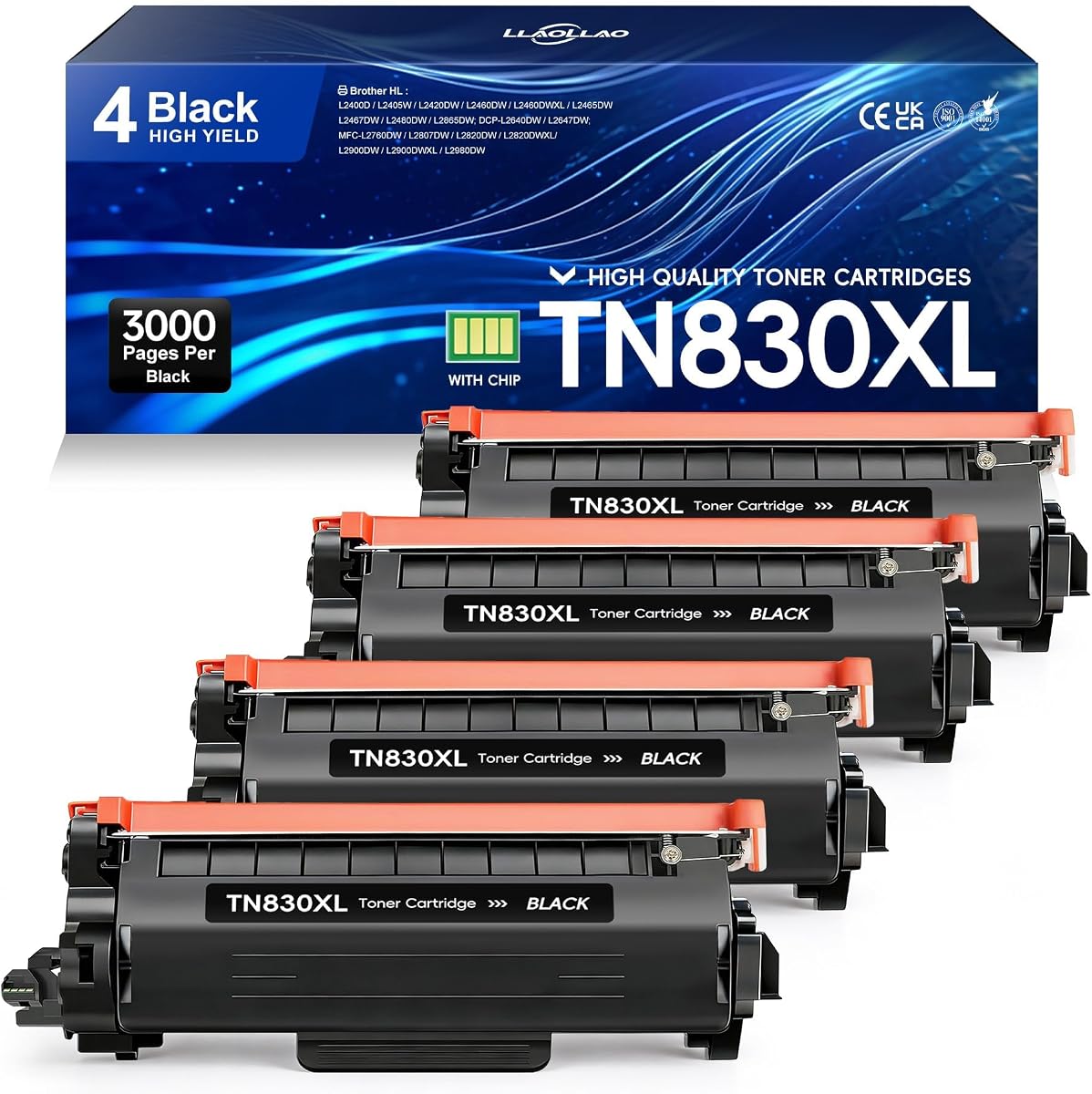 LLAOLLAO TN830XL TN830 Toner Replacement for Brother TN830XL TN 830XL Toner Work for HL-L2460DW DCP-L2640DW HL-L2405W HL-L2400D HL-L2480DW MFC-L2820DW Printer High Yield (4 Black)