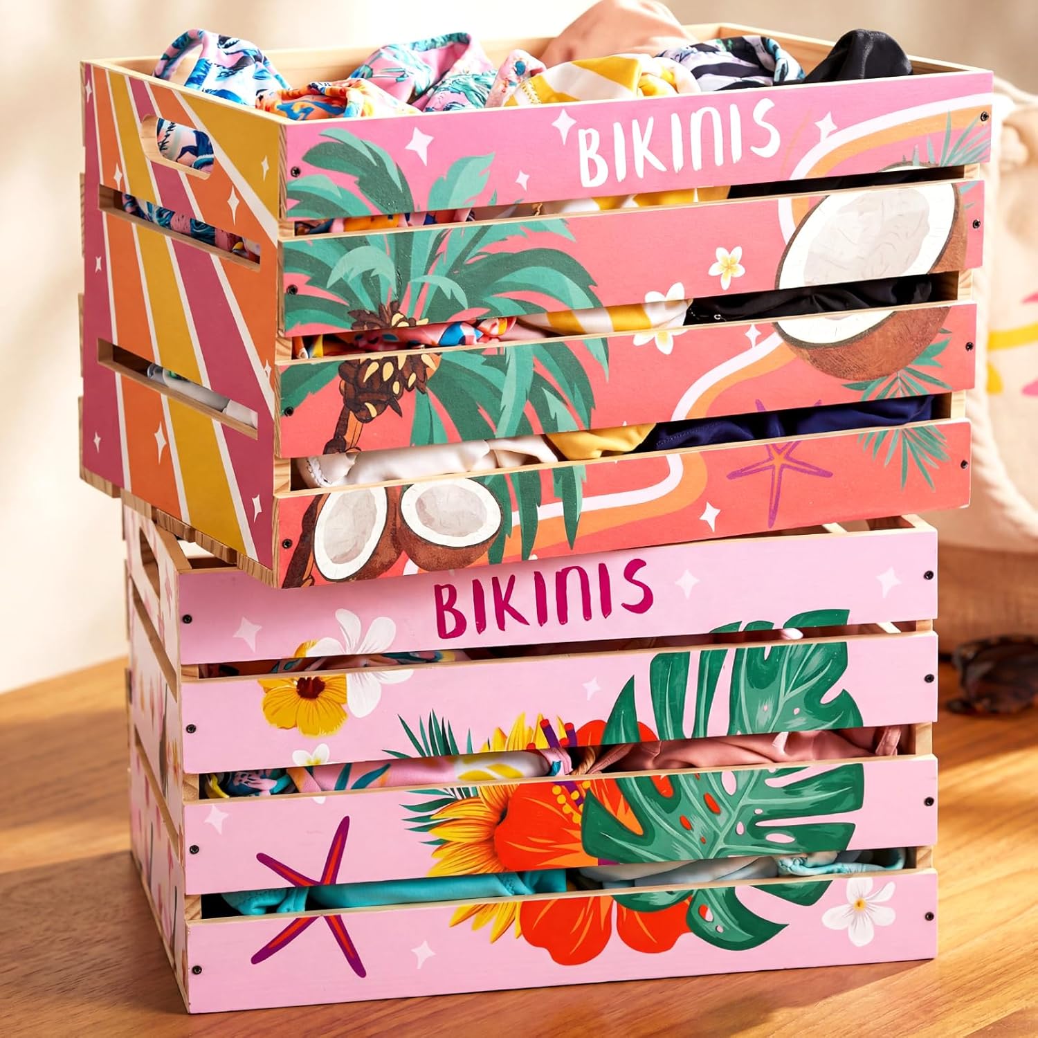 Novabright 2 Pack Large Bikini Box 16x12x9.5in Wooden Crate Box for Swimwear Storage Stackable Bikini Organizer Crate DIY Assembly Summer Pool Party Storage Bin (Tropical,Pink)