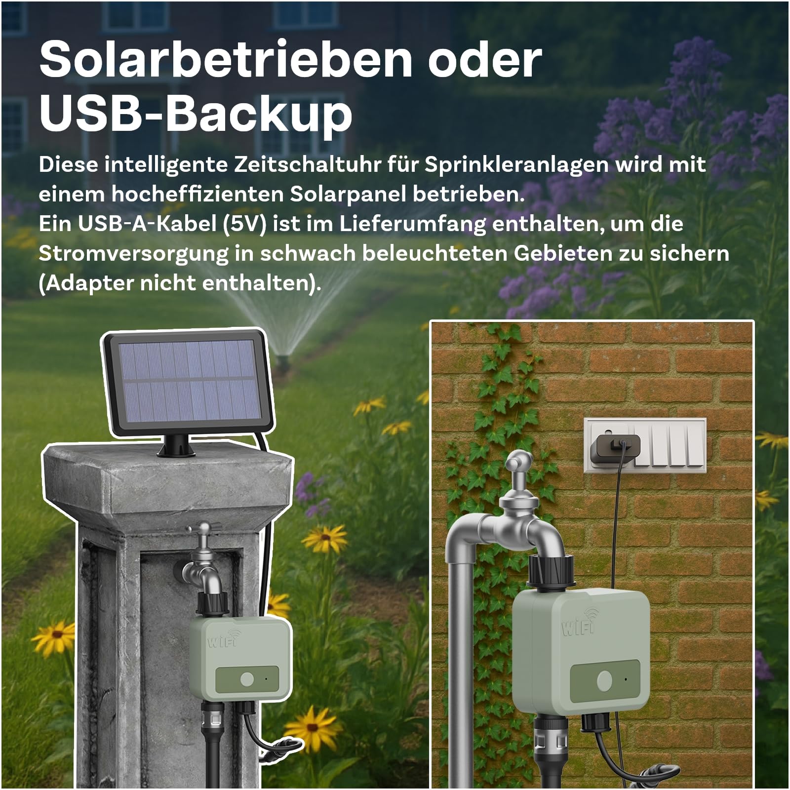 Smart WiFi Bewässerungscomputer von MMOBIEL – Solar- & USB-betriebene Automatische Bewässerungssteuerung - 30m Reichweite, Flexibler Bewässerungsplan, Wetterfest, Einfaches Setup für Garten & Rasen