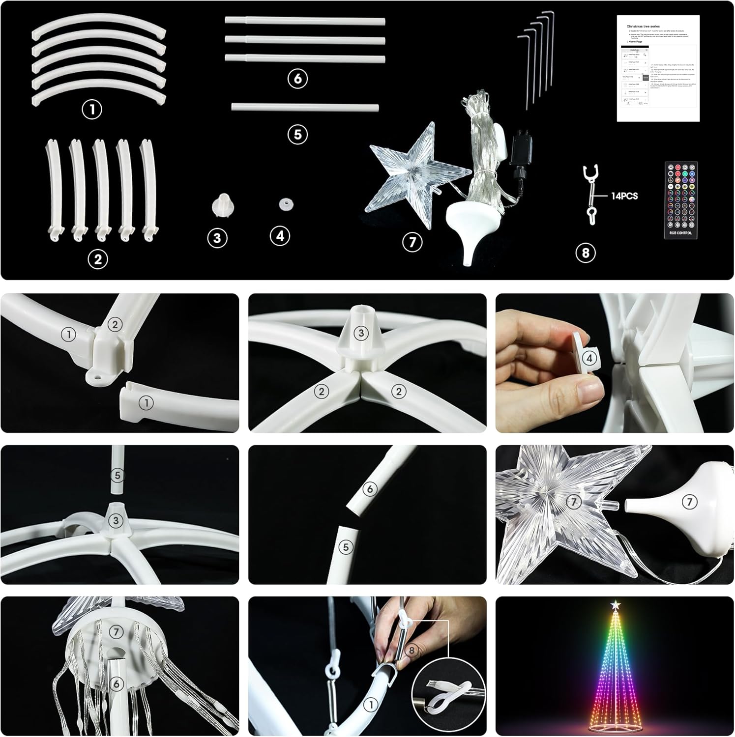 Diagram showing all components of the Esfos Smart Cone Christmas Tree including pole sections, base, star, light strings, remote, and stakes.