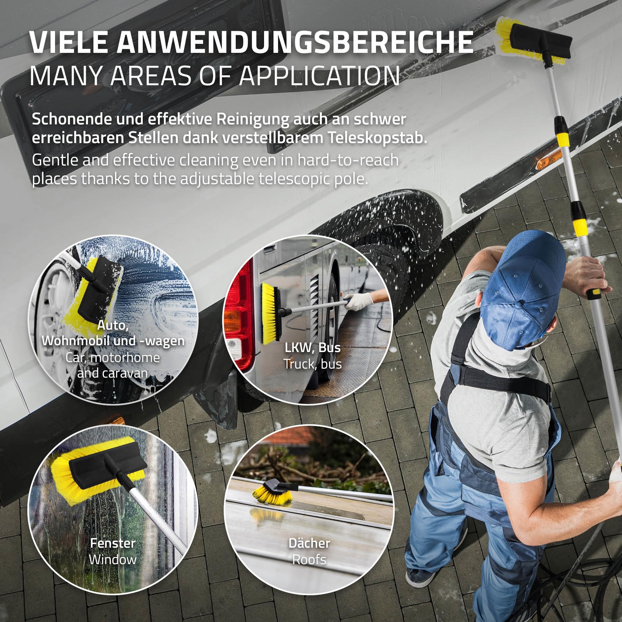 ECD Germany Spazzola di Lavaggio Telescopica per Auto Morbida - Allungabile 130-300 cm - Idrospazzola Autolavaggio Spazzolone Pulizia Cura per Auto Camper Camion SUV con Interrutore ON/OFF Acqua