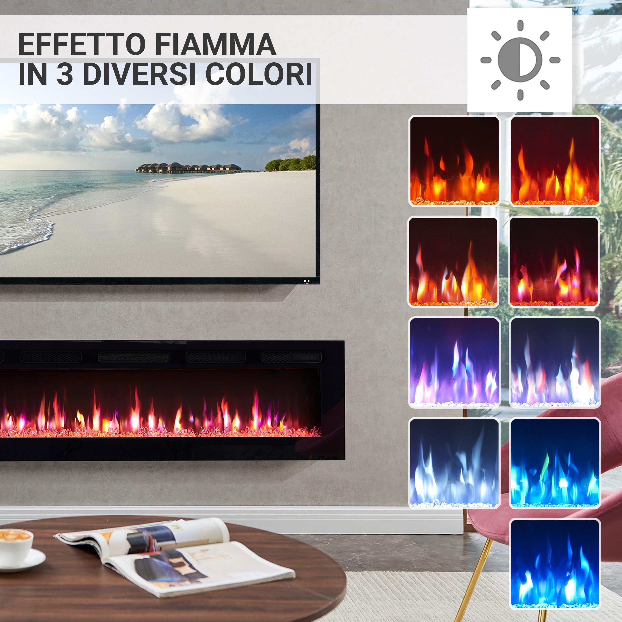 BALDERIA camino elettrico Leif 60"| Caminetto elettrico a pavimento o a muro con riscaldamento 2000 W | Effetto fiamma 3D | Focolare a terra o a parete con telecomando, timer, termostato | Nero