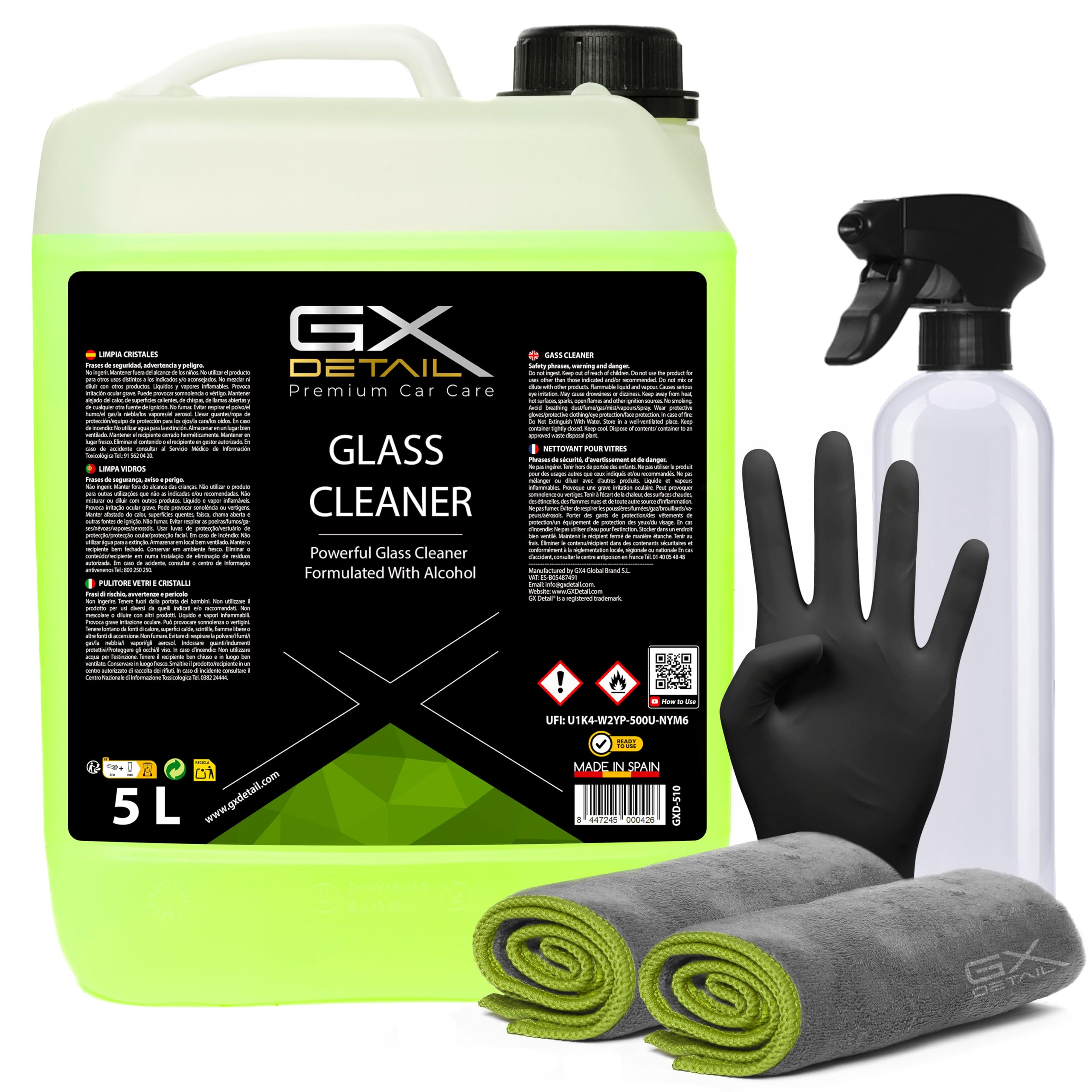 GxDetail Limpiacristales Coche 5 Litros - Glass Cleaner - Incluye Guantes de Nitrilo y 2 Microfibras - Limpia Cristales Triple Acción - Sin Marcas - Limpia Cristales Profesional – Formula con Alcohol