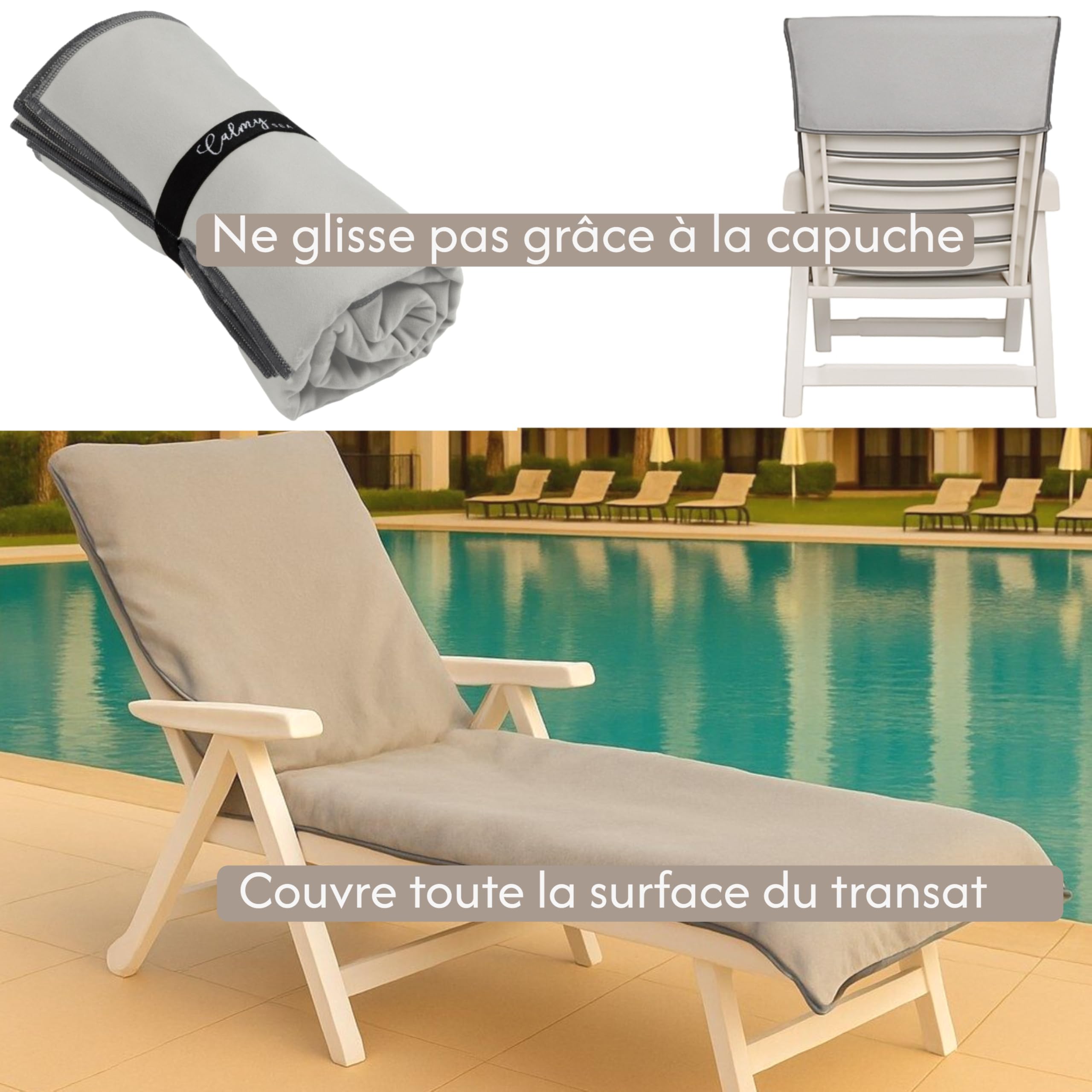 Lot de 2 serviettes pour chaise longue - 200 x 75 cm - Avec capuche - En microfibre - Poids léger - Pour chaise longue de jardin - Avec enveloppe - Housse de chaise longue de plage (beige, 2
