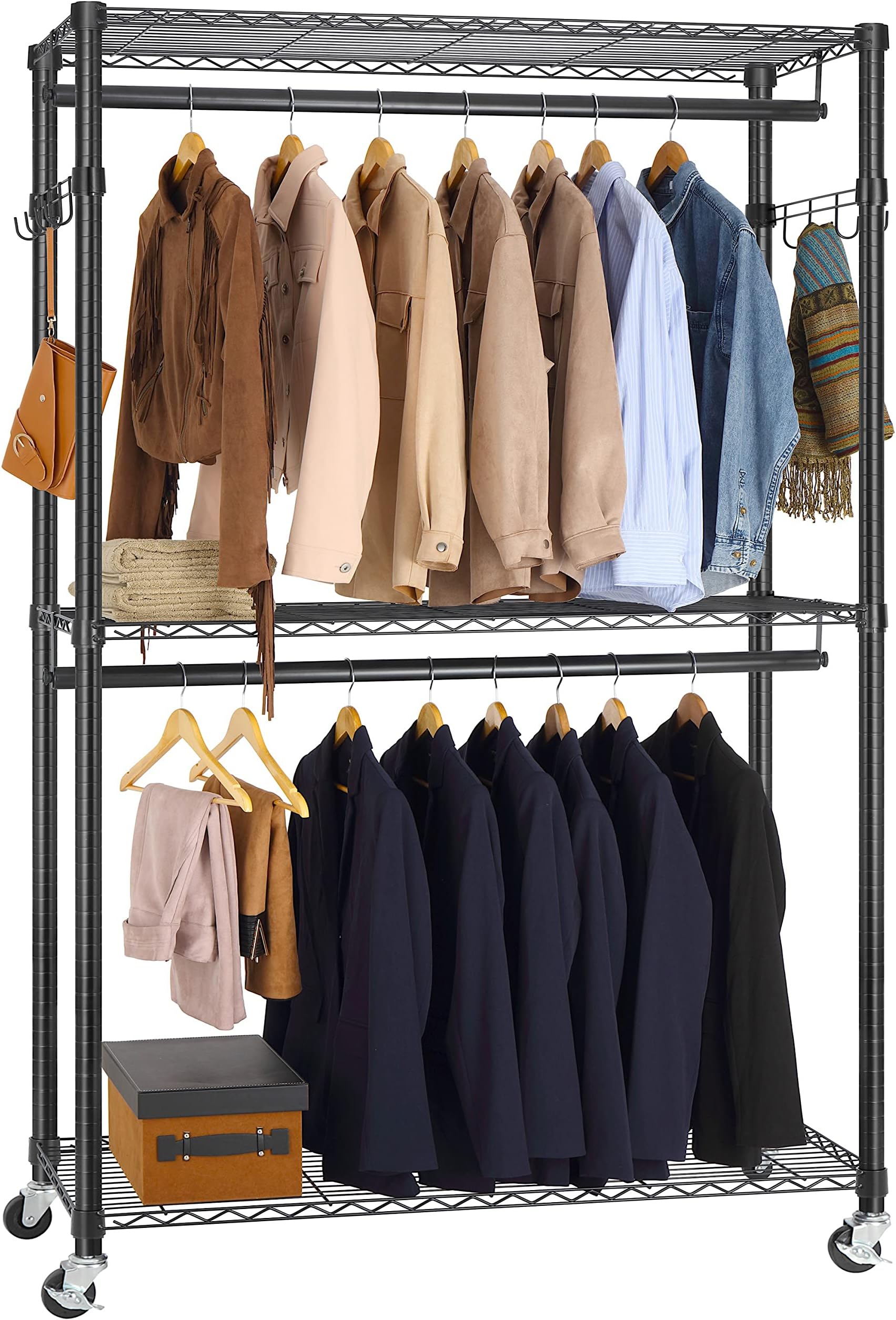 FinnhomyMetal Clothes Rack for Hanging Clothes Heavy Duty Garment Rack with 3-Tier Shelves/ Double Hanging Rods/ Lockable Wheels, Portable Closet Storage Rack Freestanding Wardrobe Closet Organizer