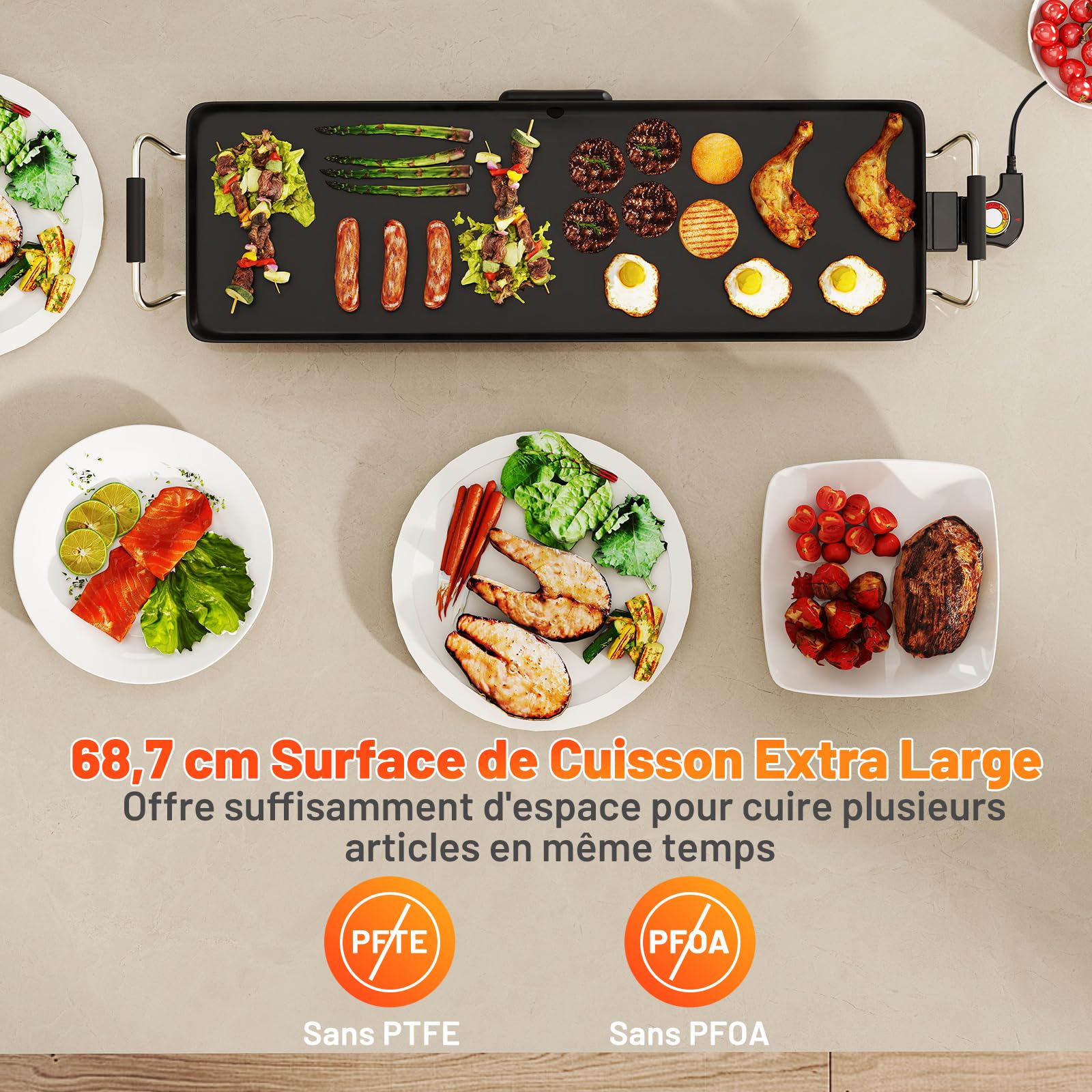 COSTWAY Plancha Électrique XL 1800W, Barbecue Electrique avec Revêtement Antiadhésif, Thermostat Réglable, Gril de Table Lavable avec Poignée Rembourrée pour 8 Personnes, 70 x 22 cm, Noir