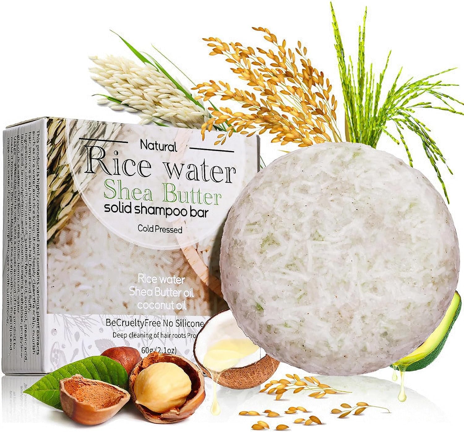 Reisshampoo Bar, Reiswasser Shampoo Bar mit Sheabutter, Kokosöl, Anti-Haarausfall Reis Shampoo Seife für Haarwachstum, nährend, volumenstärkend und stärkend