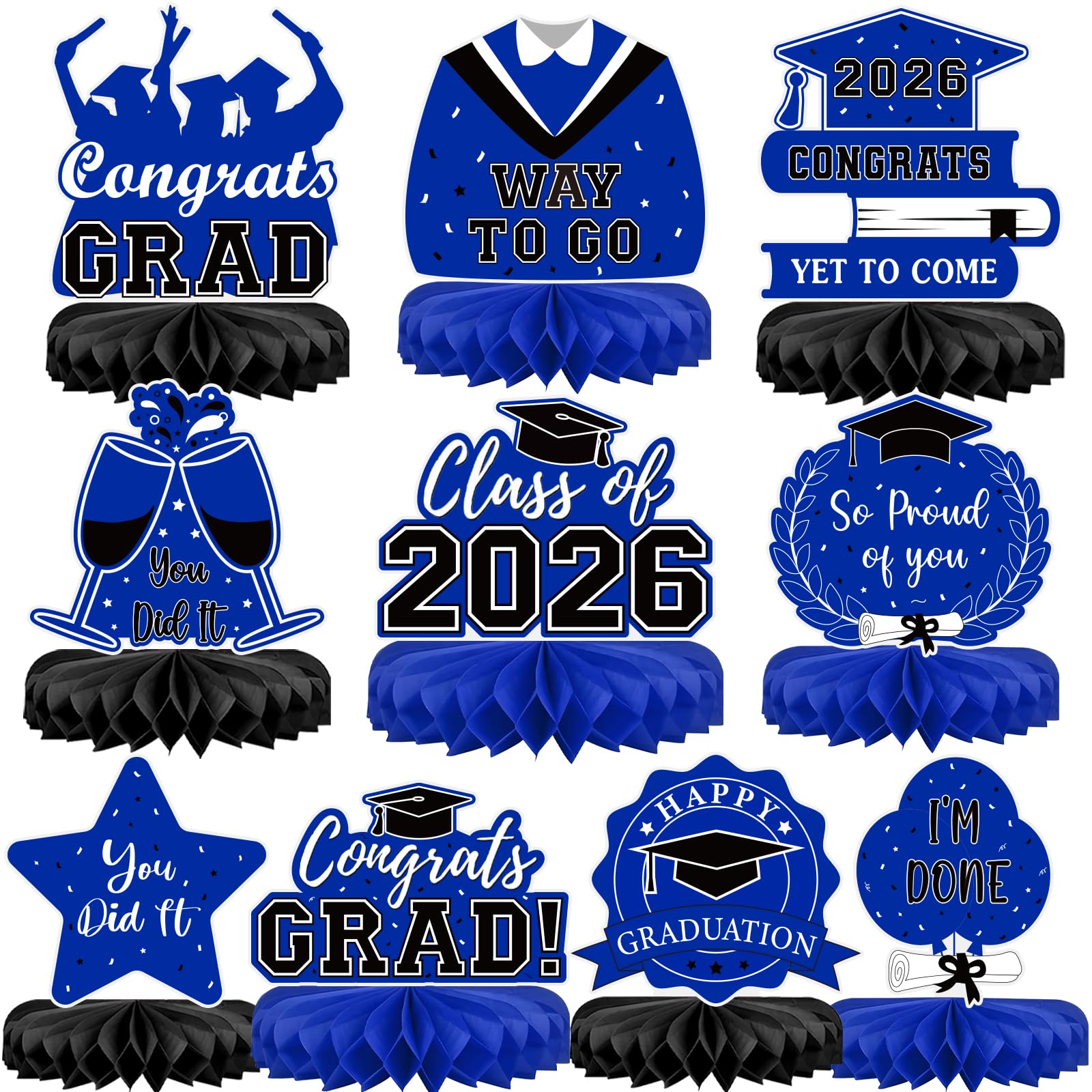 Photo 1 of 10Pcs Graduation Decorations 2026 Class of 2026 Congrats Grad Table Honeycomb Centerpieces Graduation Party Supplies for kindergarten K-12th College Any Grade Blue