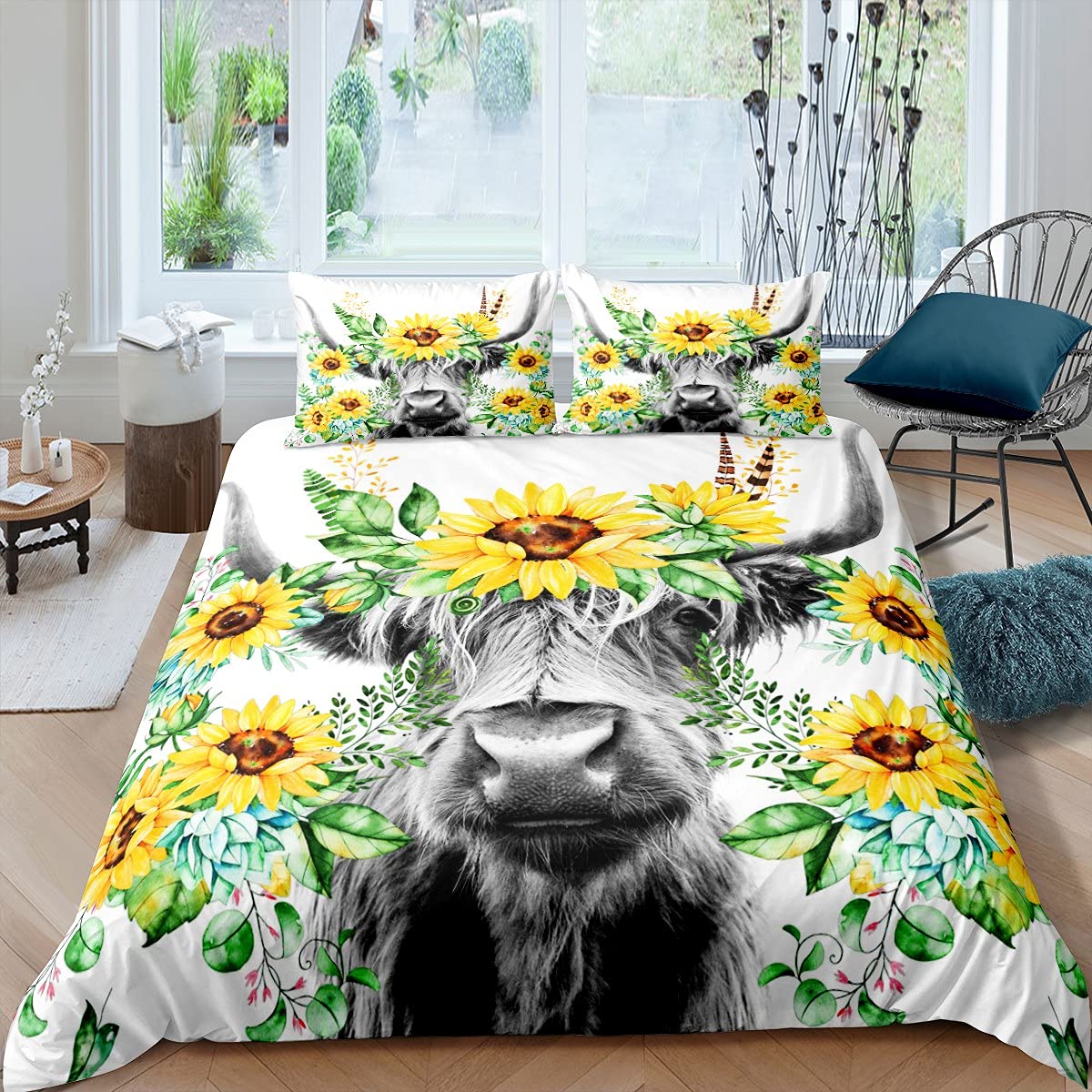 Highland Cow Bedding Set Kids Sunflower Floral Western Cow Bull Comforter Cover for Girls Teens Farmhouse Wildlife Animal Duvet Cover White Bedding & Linen Single โ image 1
