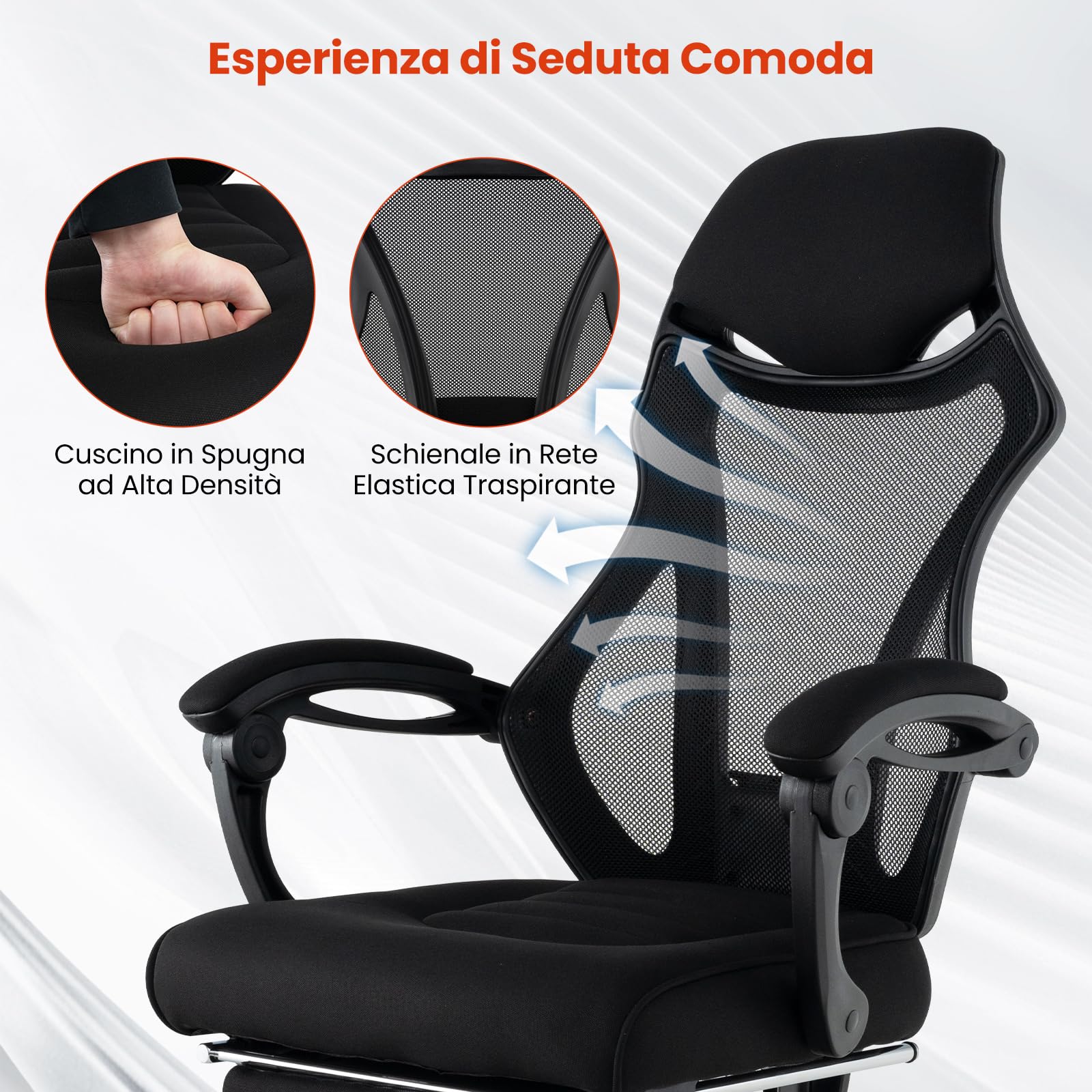 GYMAX Sedia da Scrivania per Computer, Sedia da Ufficio Ergonomica in Mesh Regolabile in Altezza con Schiena Inclinabile, Braccioli, Testiera, Sedia Girante Reclinabile per Sala Riunioni, Nera