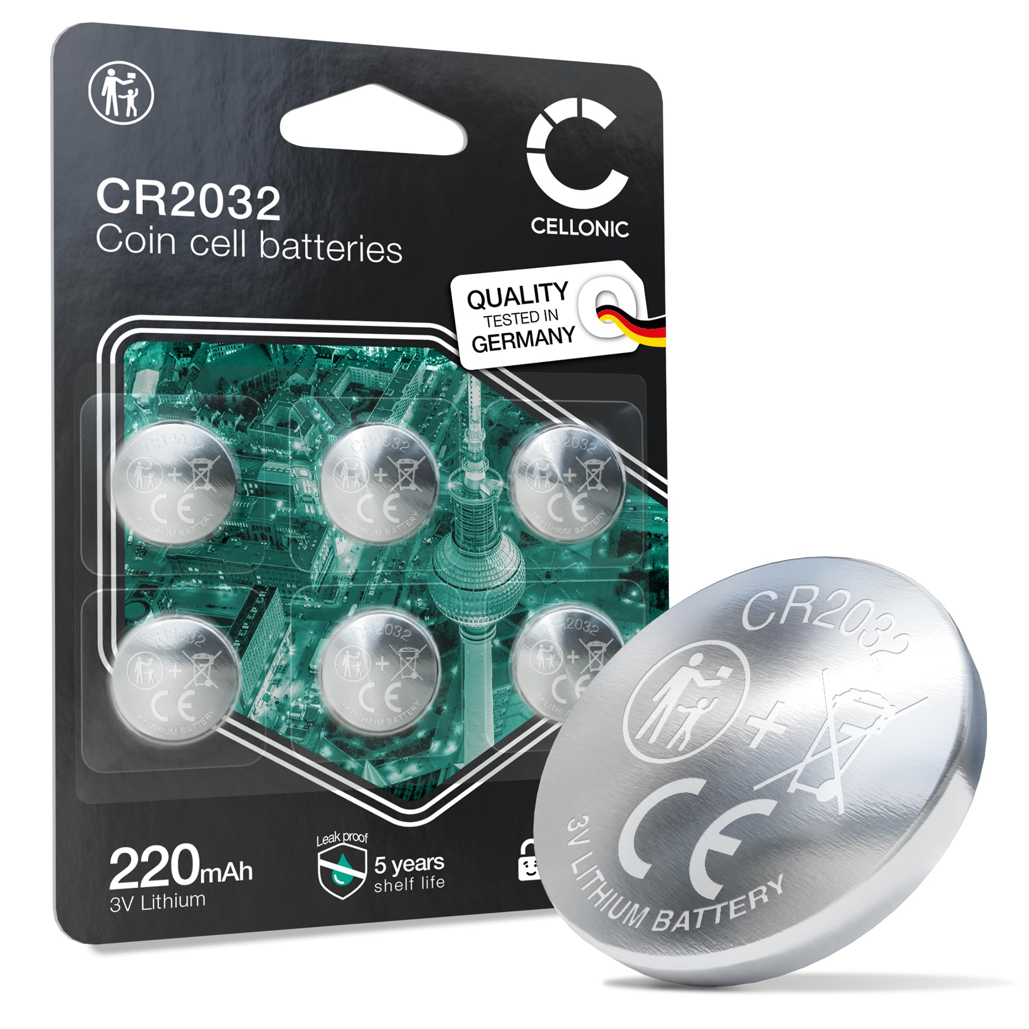 CELLONIC CR2032 Piles de Bouton Lithium Compatible avec Télécommandes, Thermomètres, Lumières LED - Pack de x6