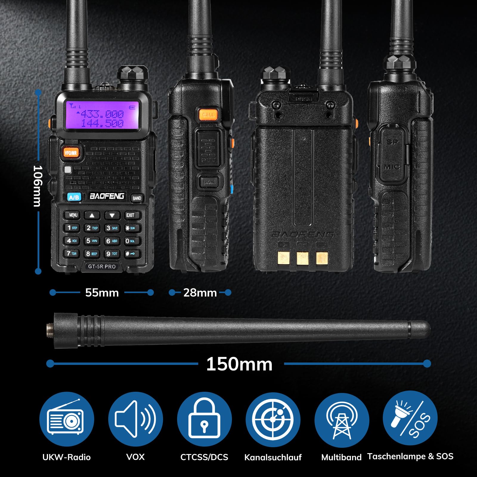 BAOFENG GT-5R Pro Walkie Talkie Dual Band Funkgerät | für UHF VHF 144-146/430-440MHz Handfunkgerät mit 128 Kanälen, VOX, Chirp, 1800mAh Akku, Headset für Erwachsene (1 Stück)