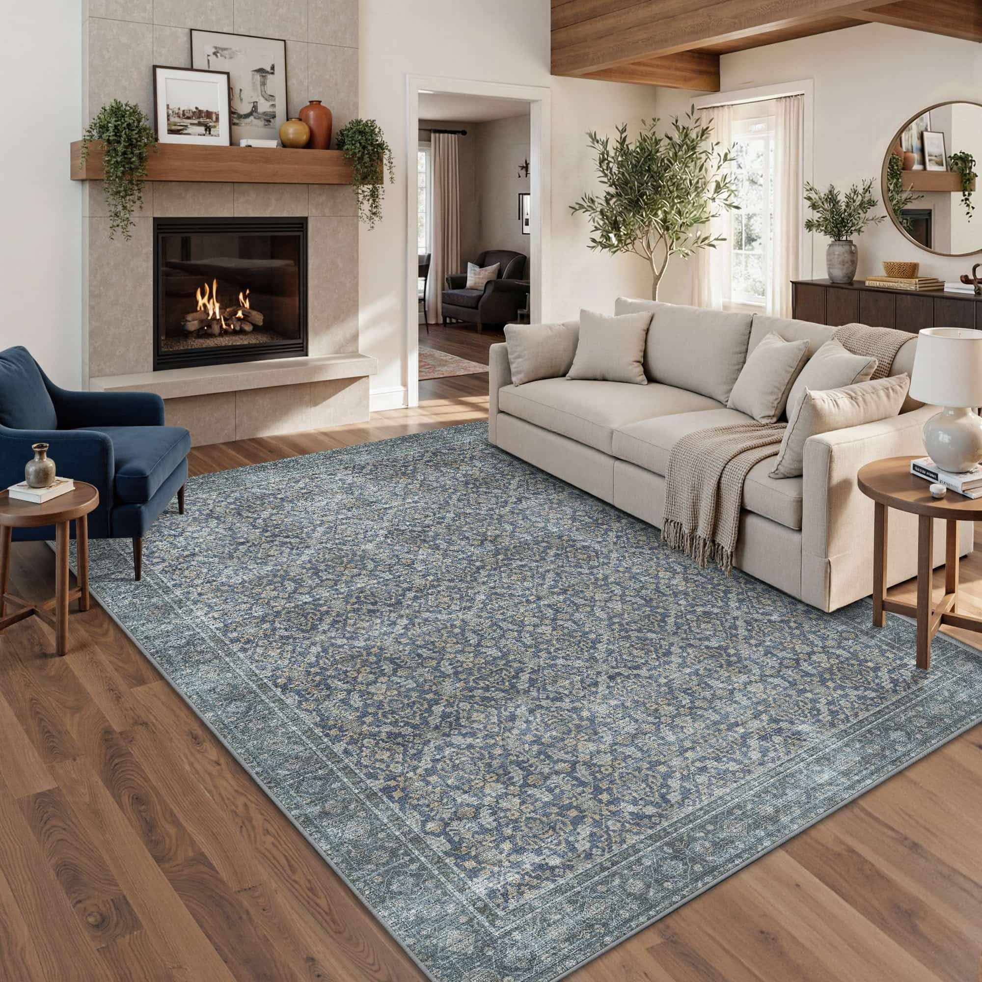 Latte&Fog 5x7 Area Rugs for Living Room, Vintage Blue Washable Rug, Boho Floral Non Slip Low Pile Carpet for Indoor Bedroom, Dining Room, Office, Dorm