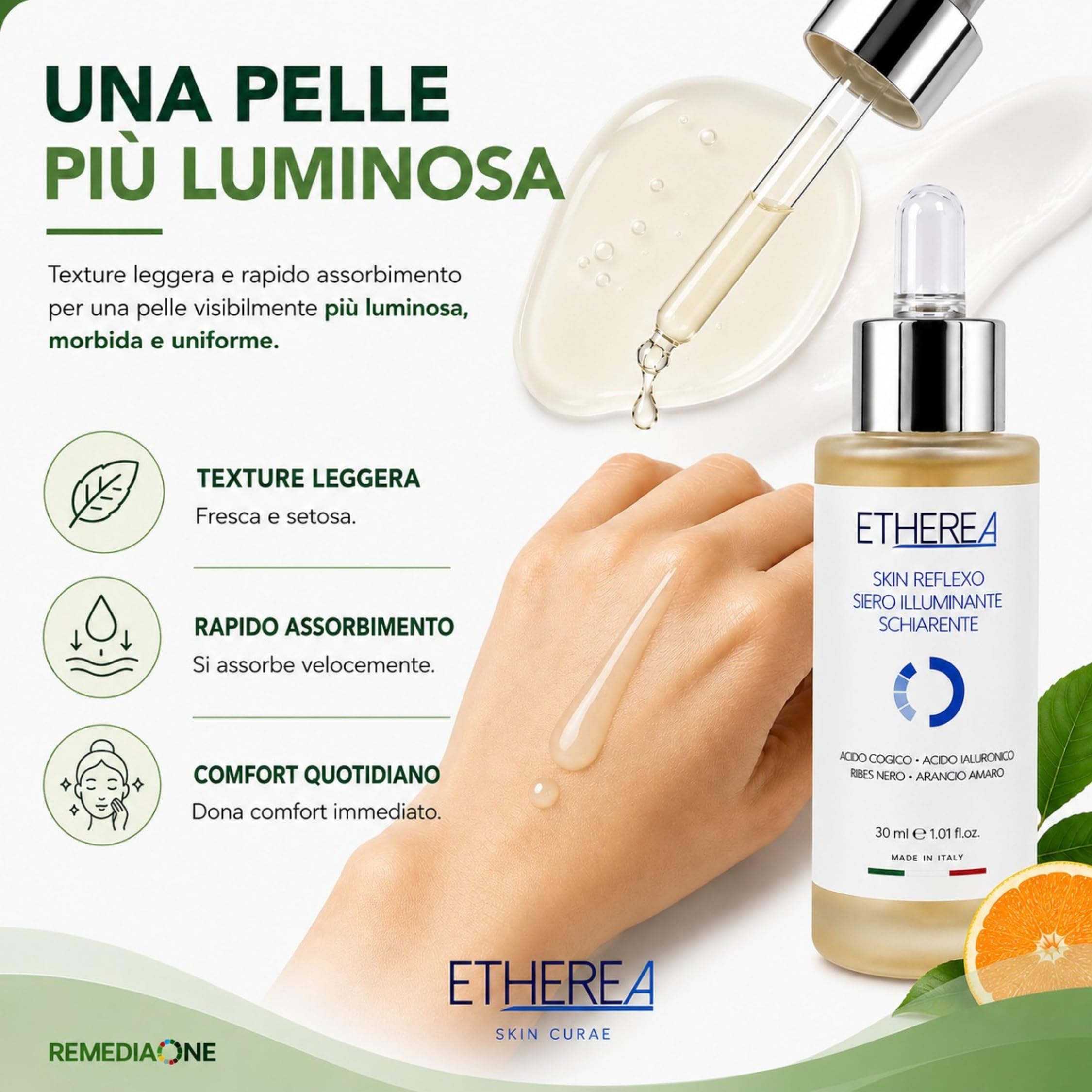 REMEDIA ONE Etherea Siero Viso Illuminante Schiarente Antimacchia, 30 ml | Illuminante Viso Antimacchia con Acido Cogico, Acido Ialuronico ed Estratti di Ribes Nero e Arancio Amaro, Nichel Tested