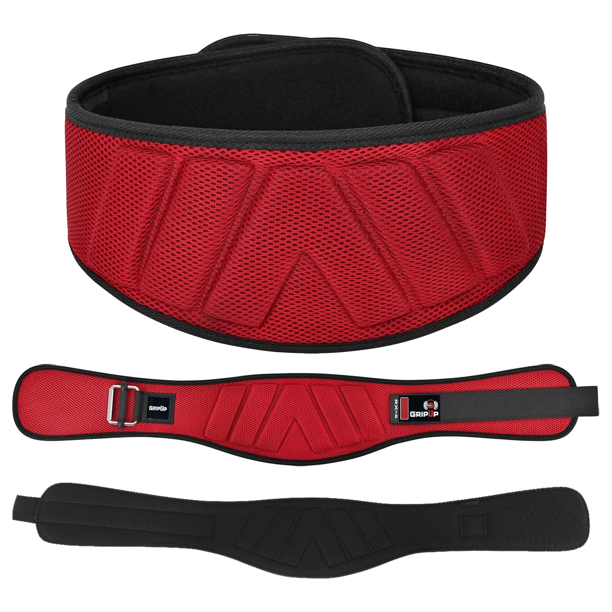GripUp Weight lifting Gym Belt Curved Padded Back Lumbar Support Neoprene Belt for Fitness Exercise Bodybuilding Powerlifting Workouts Deadlifts Squats & Weightlifting Men Women (Red, M)