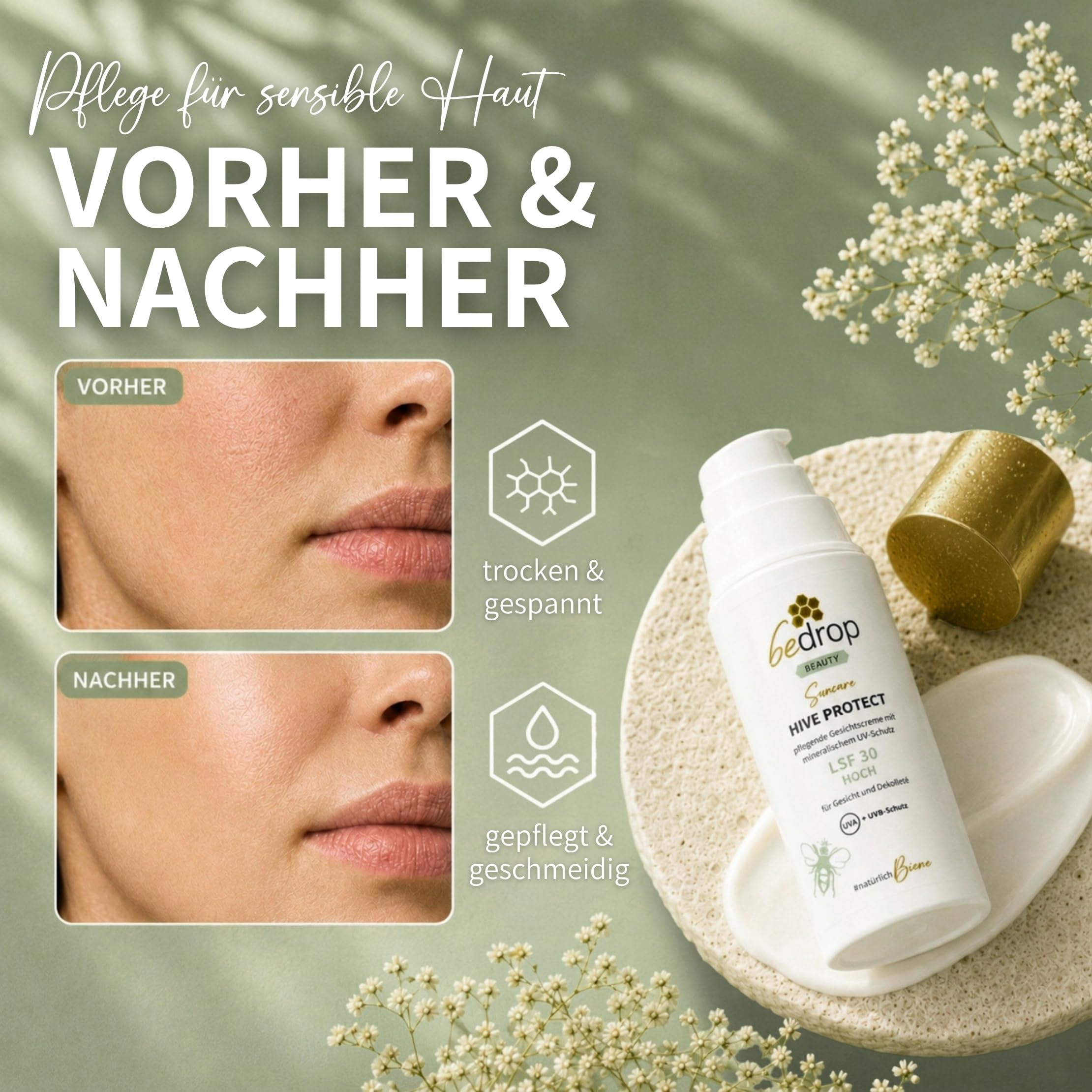 bedrop Hive Protect I Gesicht Sonnencreme mit LSF 30 | 50ml (3er Pack) | Tagescreme mit LSF 30 - Mineralischer Zinkoxid UVA & UVB-Schutz mit Carnosin und Rosenwasser – ideal für sensible Haut