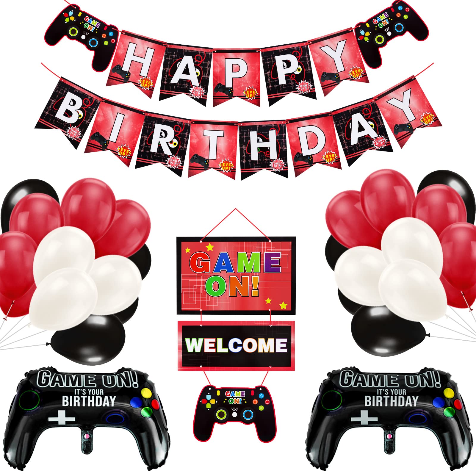 Black Red Birthday Decorations for Boys - 51Pcs Gamer Gaming Party Decoration for 5 7 9 11 Years Old Boys Birthday Party - Banner, Black Red White Balloons, Controller Balloons & WELCOME Card