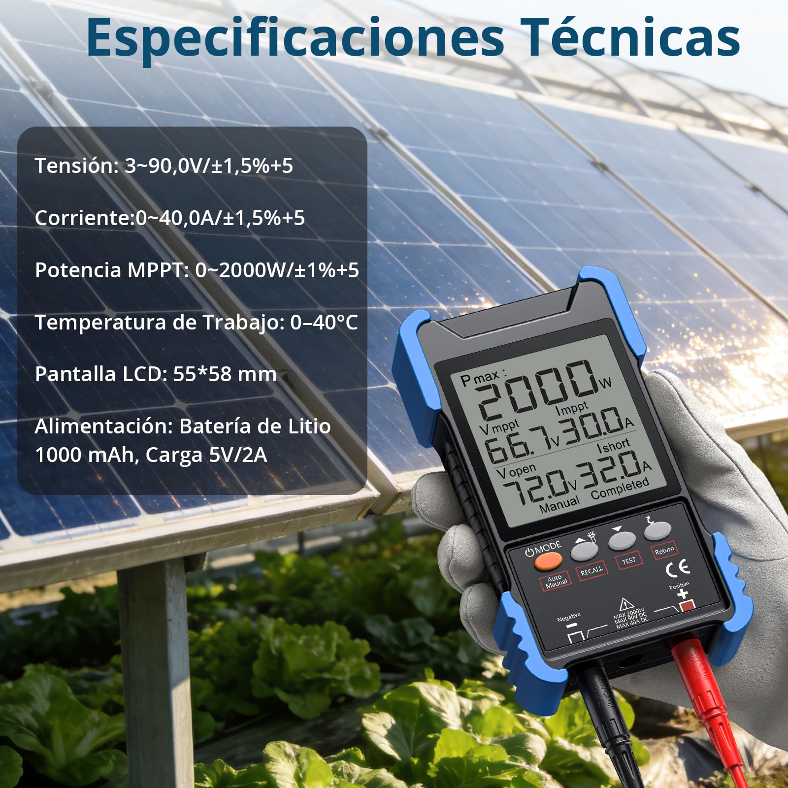 Probador de Panel Solar de 2000 W con MPPT, Medición Pmax/Voc/Isc | Multímetro Fotovoltaico Digital Recargable con Pantalla LCD, Medidor Solar para Pruebas y Mantenimiento de Paneles Solares