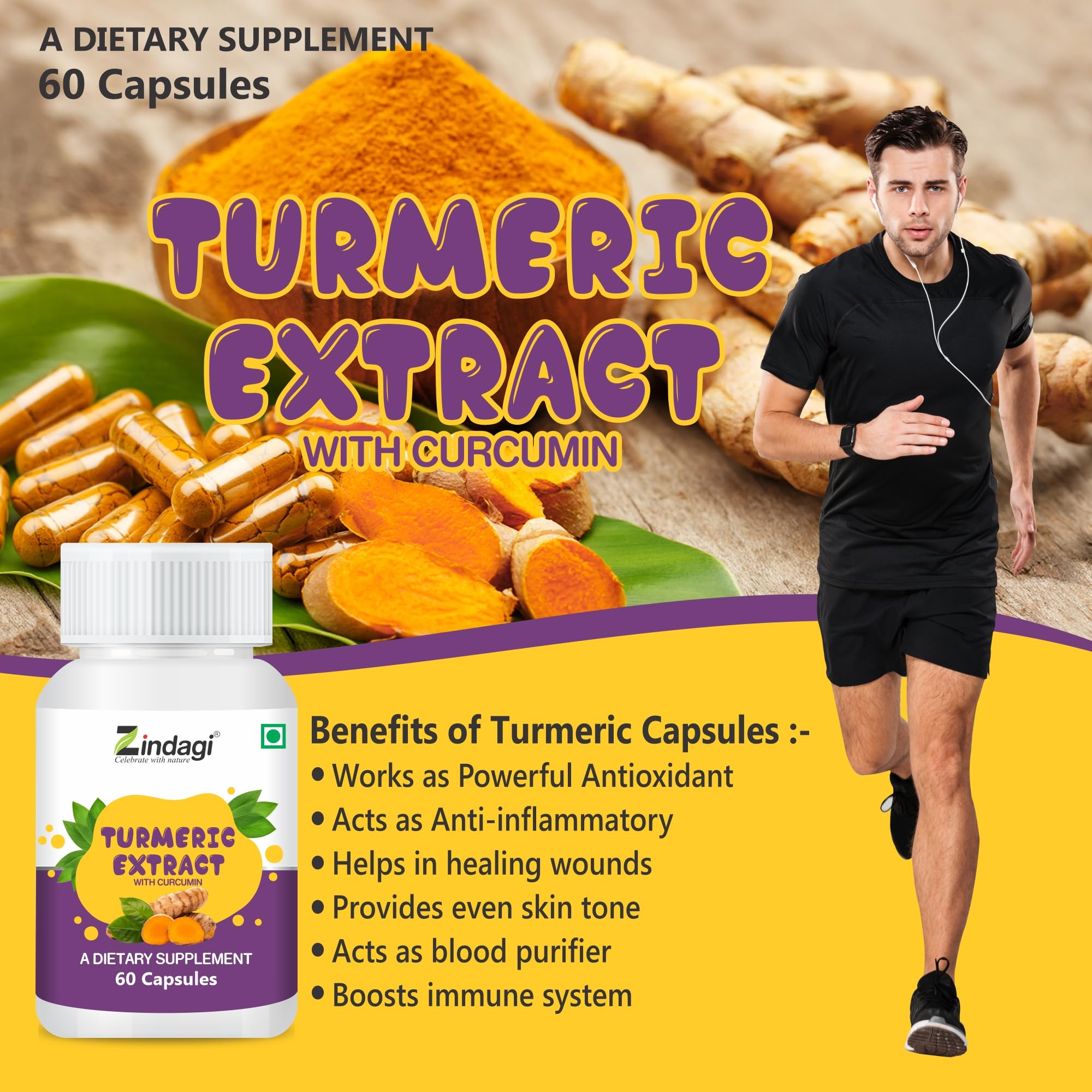 Zindagi Turmeric Extract Capsules With Curcumin - Maintain Healthy Joints - Powerful Antioxidant - 60 Capsules (Pack of 2) - Image 5 thumbnail
