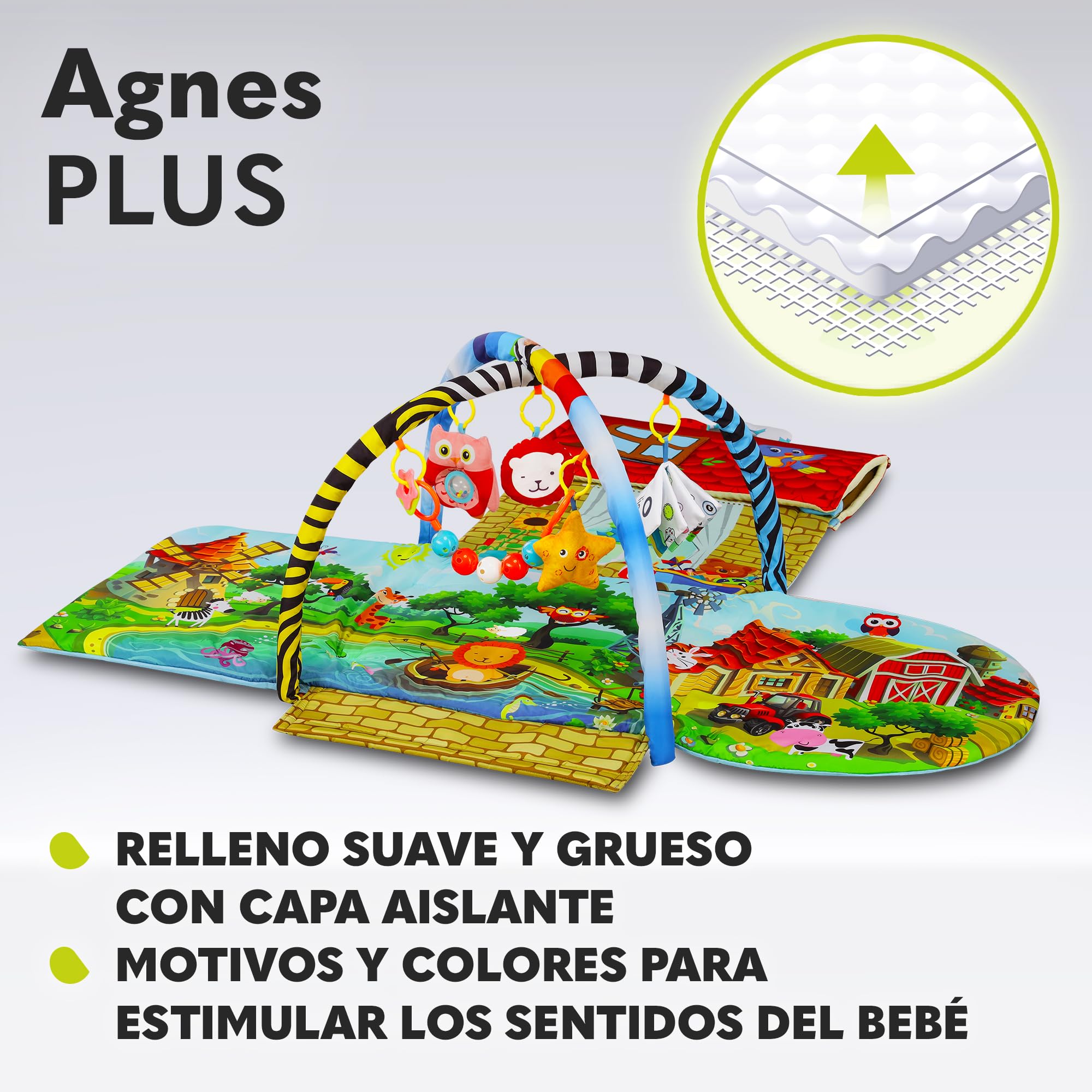 lionelo Agnes 2en1 Manta de Gateo para el bebé, Alfombra de Juego para el bebé, 2 Arcos de Juego, casa de Juego, Libro de Tela, Juguetes de Colores, Cadena de sonajeros, Fondo Reforzado