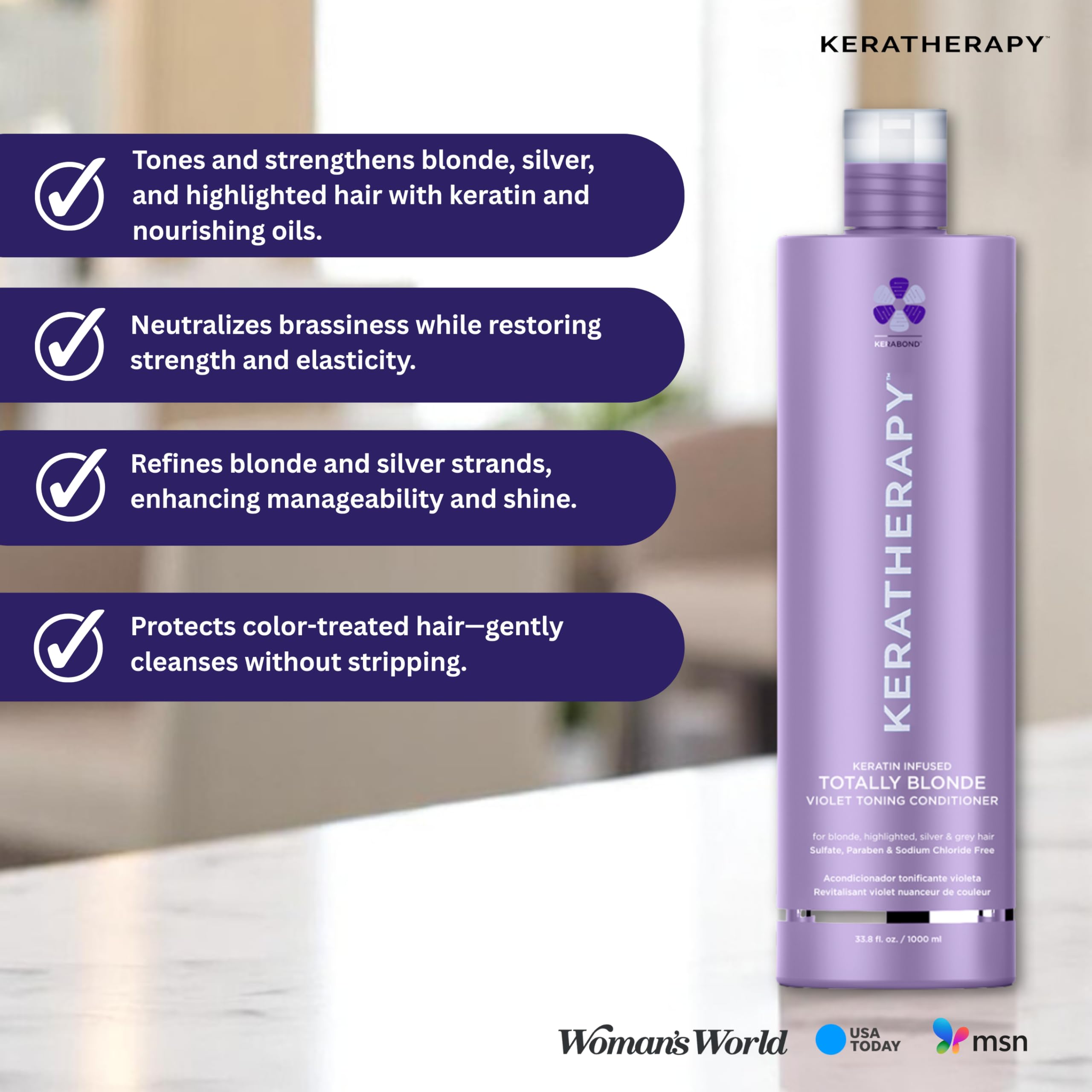KERATHERAPY Keratin Infused Totally Blonde Violet Toning Conditioner, 33.8 fl. oz., 1000 ml - Keratin Therapy Purple Conditioner for Blonde Hair, Brassy, Silver, & Highlighted - Sulfate & Paraben Free