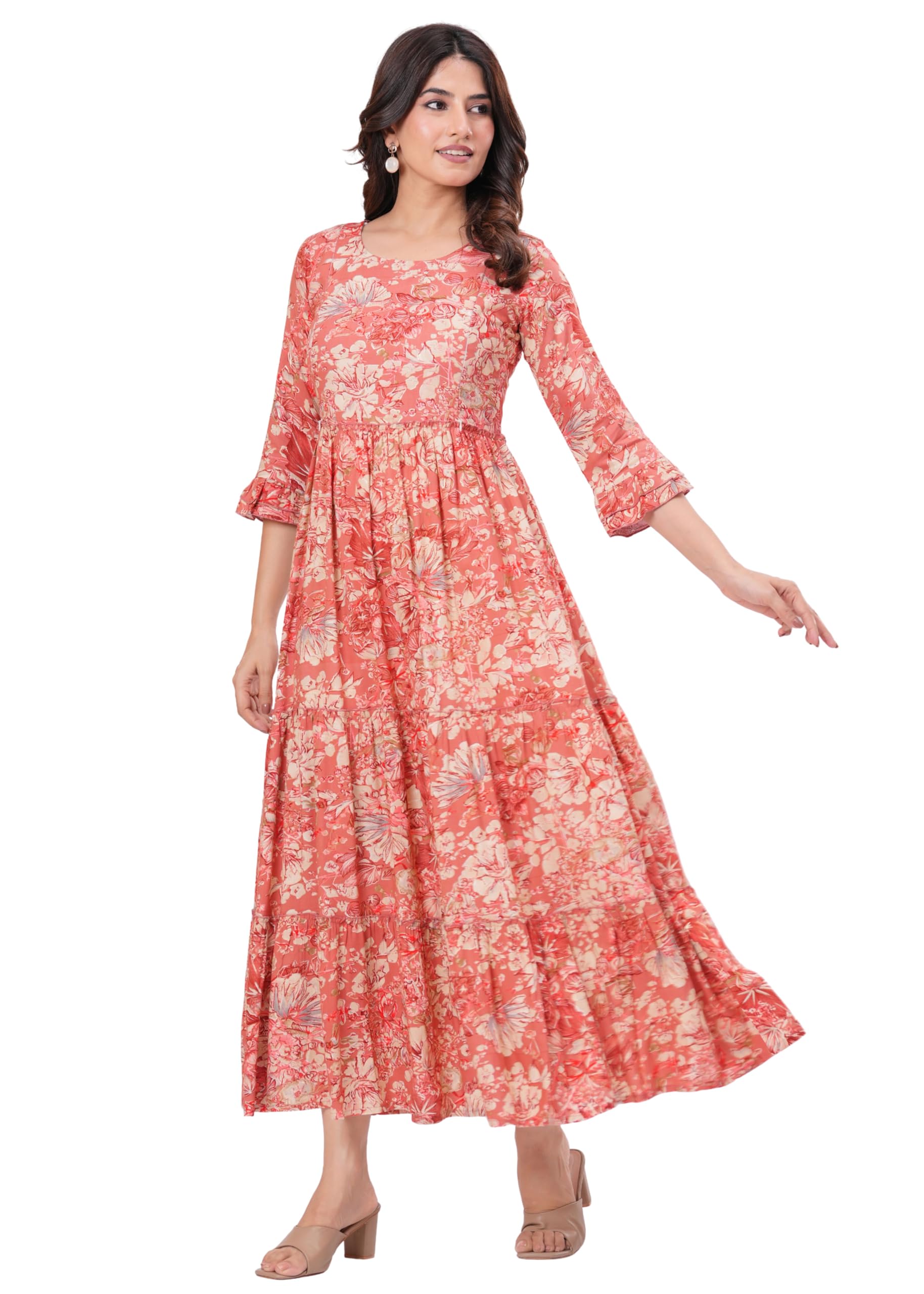 shyam kurti collection Women's Rayon Floral Print Maternity Maxi Dress Anarkali Style Gown with 3/4 Sleeves and Flared Hem-picture-14