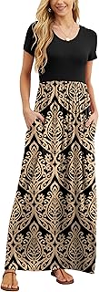 GRECERELLE Women Summer Casual Maxi Long Dress Short Sleeve Crew Neck with Pockets, Size S-3XL