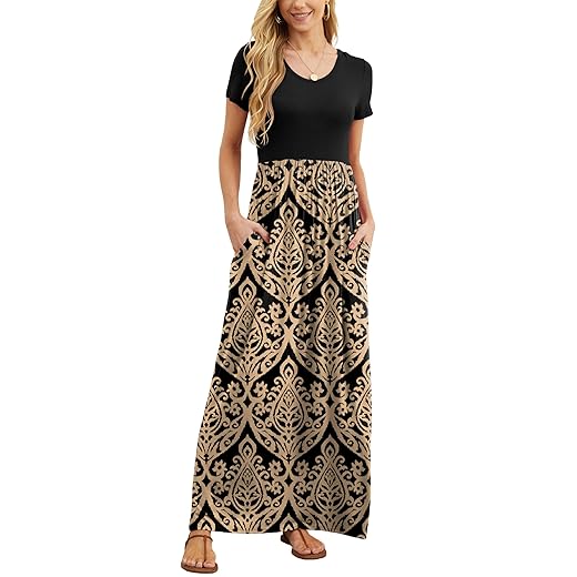 Vestidos maxi femininos casuais soltos de manga curta com bolsos GRECERELLE