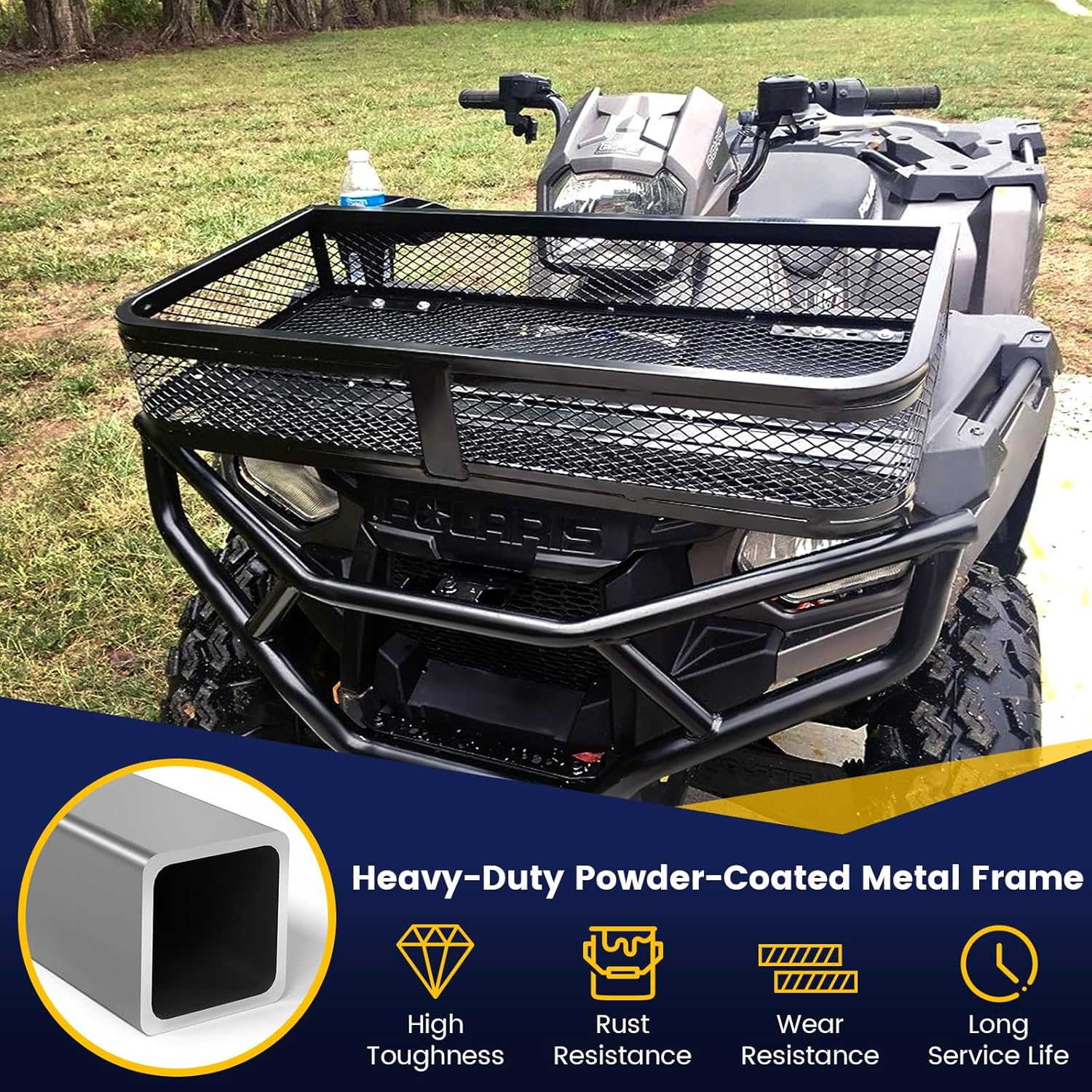 IRONMAX ATV Front Cargo Basket, Heavy Duty Steel Luggage Storage Carrier Box w/ 6.5’’ Protective Rail, Easy to Install, ATV/UTV Cargo Rack Accessories, 36.5’’L x 17.5’’W x 6.5’’H