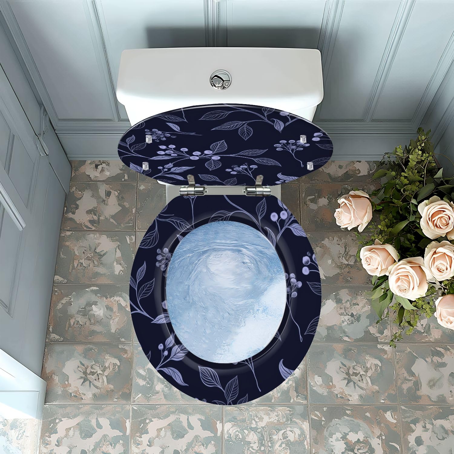 Asiento de inodoro redondo de resina para uso en el baño.