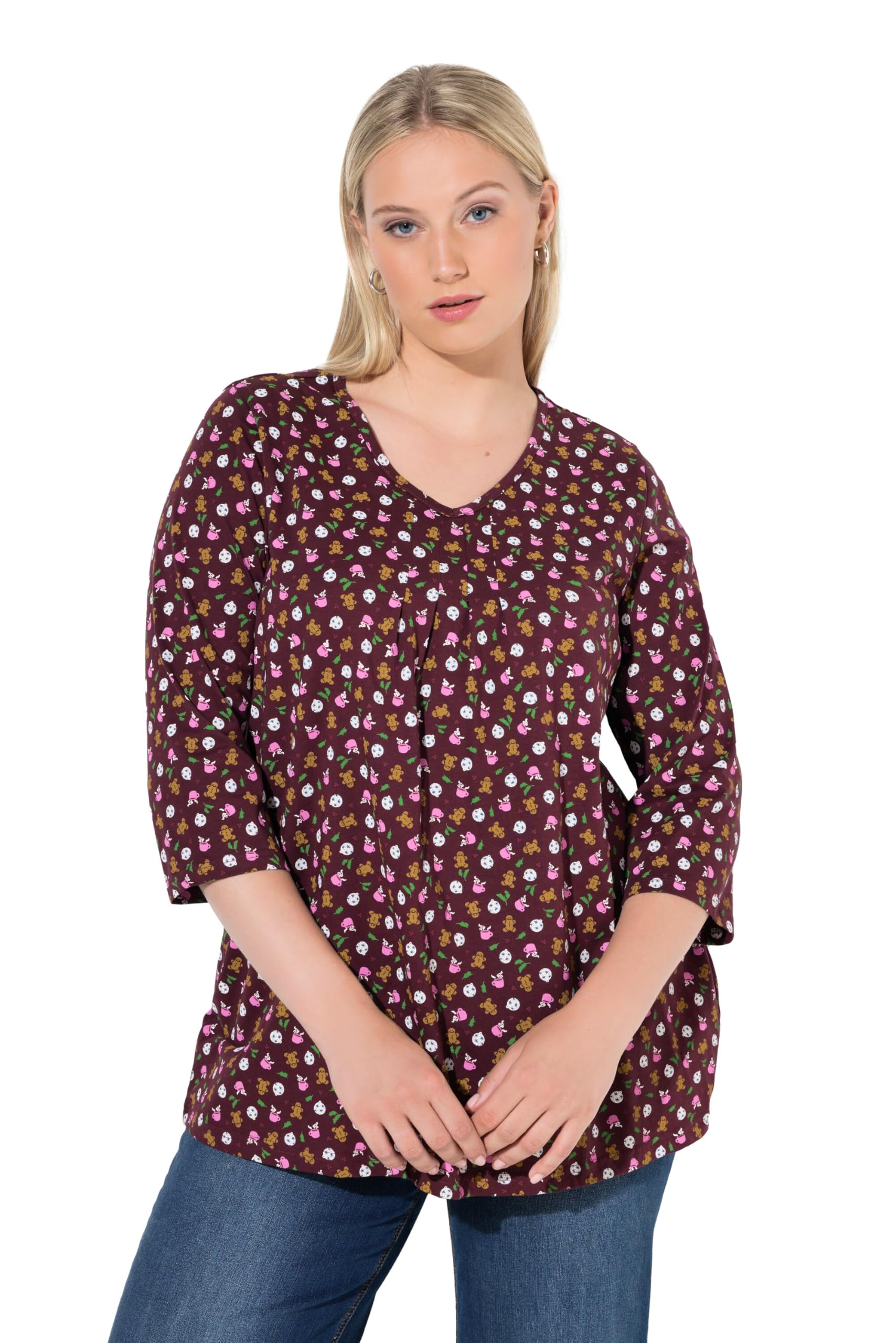 Ulla Popken Damen große Größen Übergrößen Plus Size Shirt, Lebkuchenfiguren, A-Linie, V-Ausschnitt, 3/4-Arm 844894
