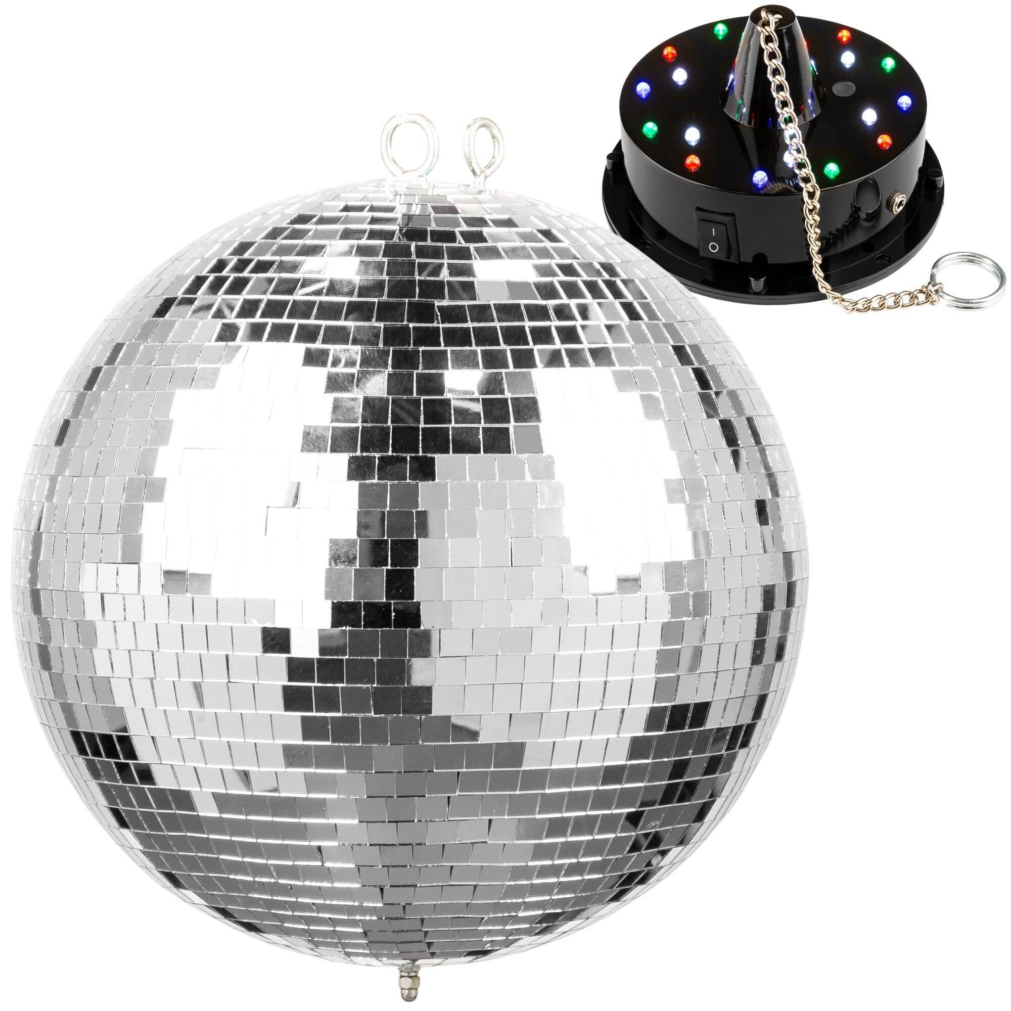 BeamZ MB30 Bola de discoteca con motor a pilas y LEDs, 30 cm, disco ball con batería, accesorios para fiestas, bola de espejo 70s 80s efecto luz de fiesta para discotecas, bares, cumpleaños, eventos