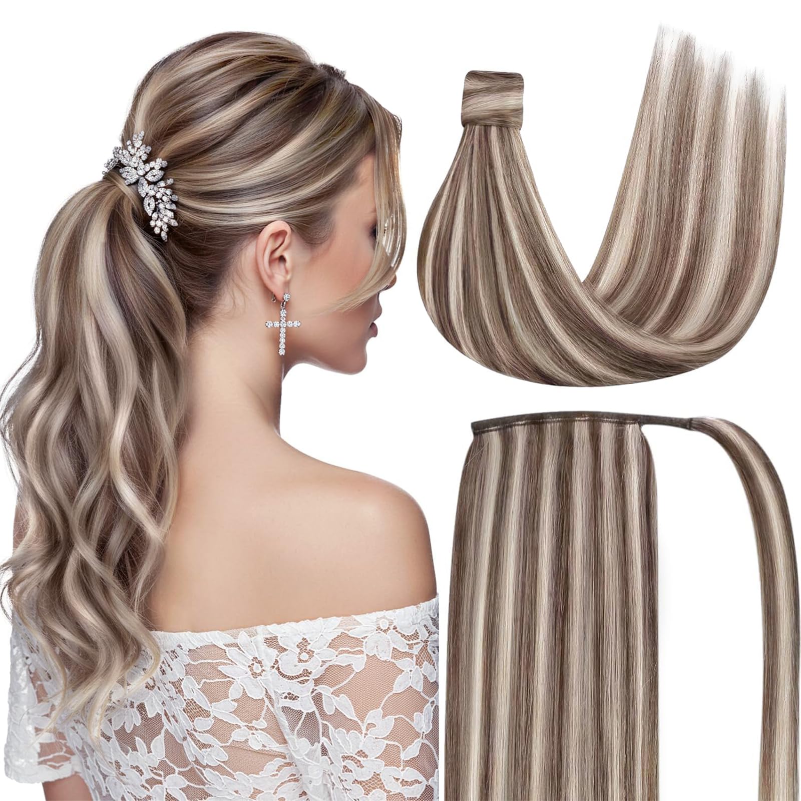 Ve Sunny Hair Extensions Ponytail Real Human Hair Wrap Around Clip in Ponytail Hair Extensions Straight Extensions Human Hair for Women Light Brown