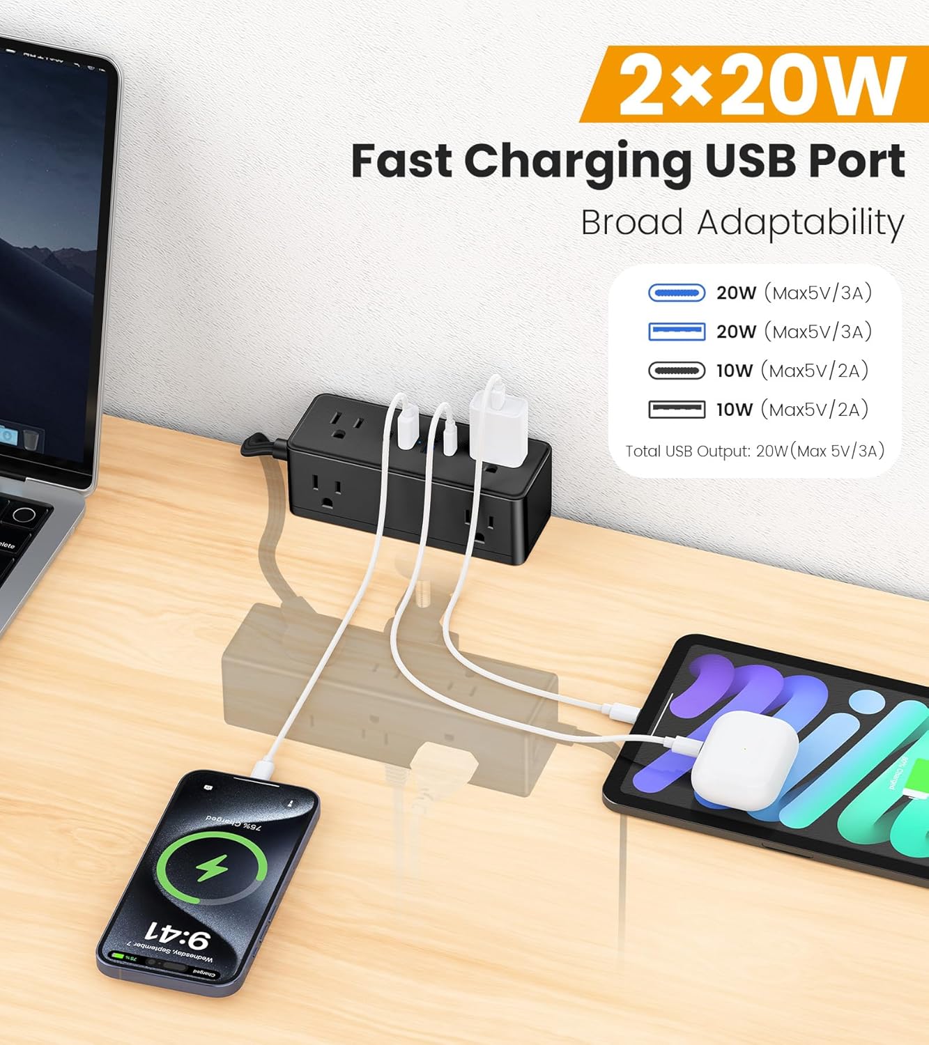 Dual Layer Desk Clamp Power Strip with 4 USB Ports(20W USB-C) & 15 AC Outlets, Desktop Edge Mount Surge Protector, Ultra Thin Flat Plug & 5FT Power Cord for Office Home(ETL Listed)