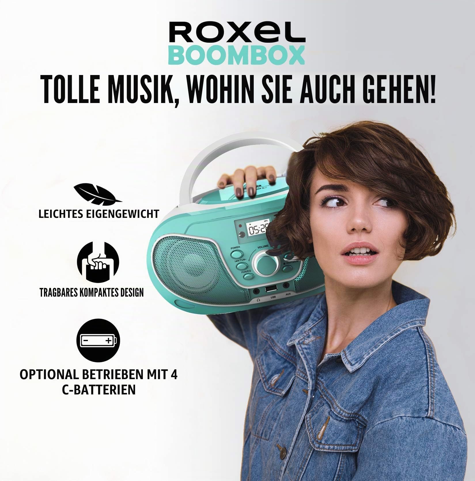 Roxel RCD-S70BT Tragbarer Boombox CD-Player mit Bluetooth, Fernbedienung, FM-Radio, USB-MP3-Wiedergabe, 3,5 mm AUX-Eingang, Kopfhöreranschluss, LED-Display (Blaugrün)