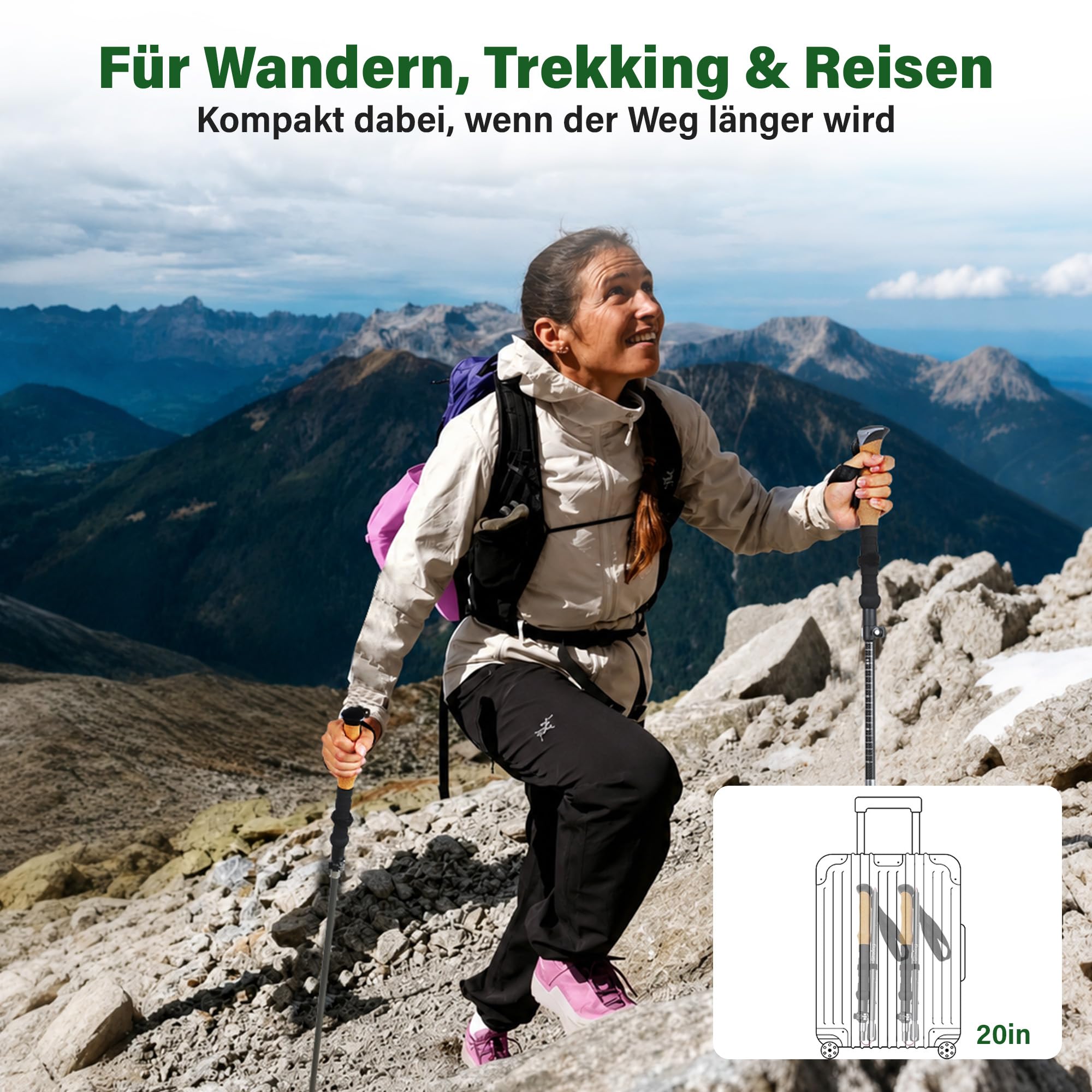 Wanderstöcke faltbar 2er Set, 35 cm, 3K Carbon-Alu | 35 cm Faltmaß; 110–135 cm; 3K Carbon + 7050 Alu; Kork + EVA; Grau für Trekking & Bergwege
