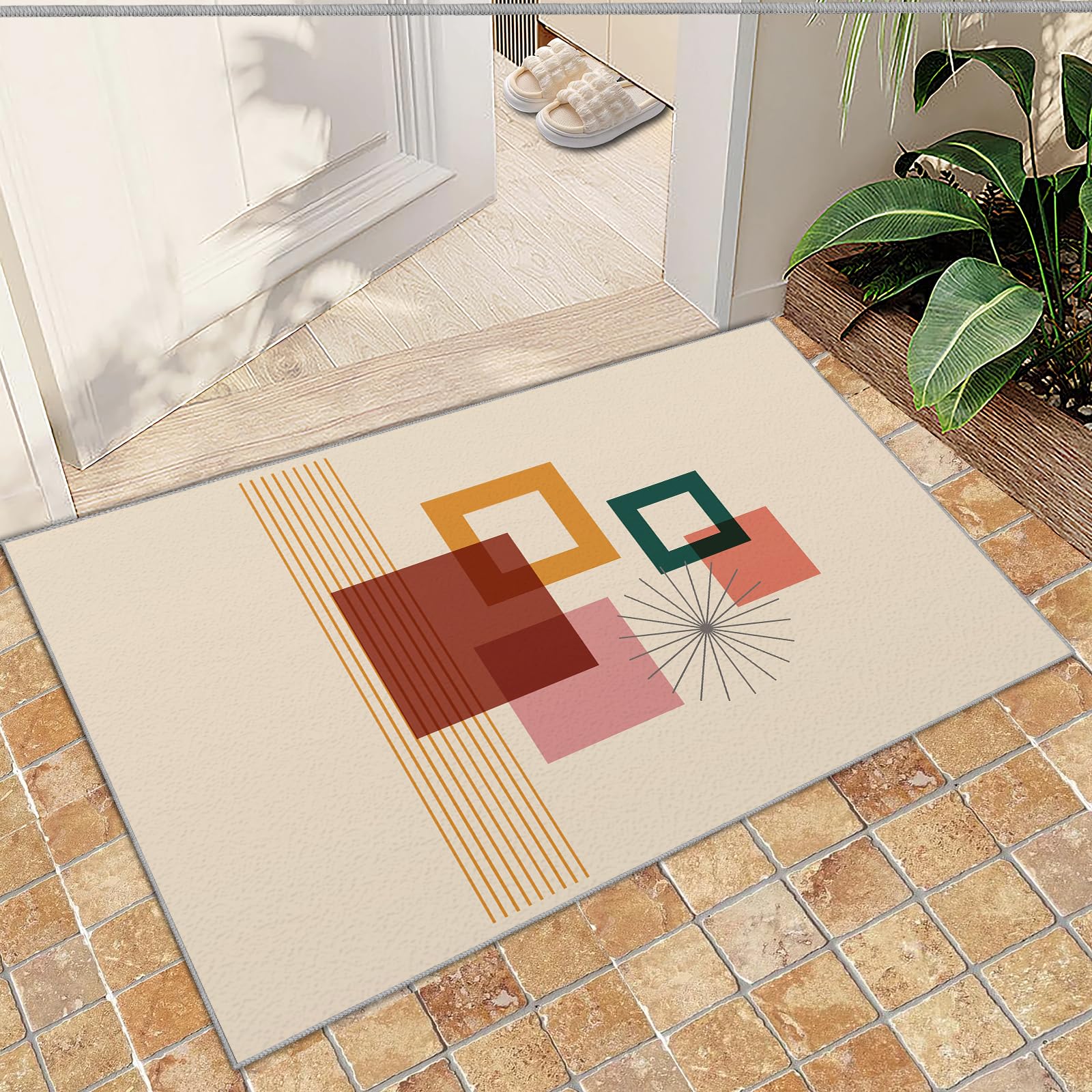 QDJKBL Nordic Medieval Brown Geometry, Entrance Rug 60 X 140 Cm 3D Quadrilateral Geometric Lines Doormats, Entrance Carpet Fast Drying for Entryway
