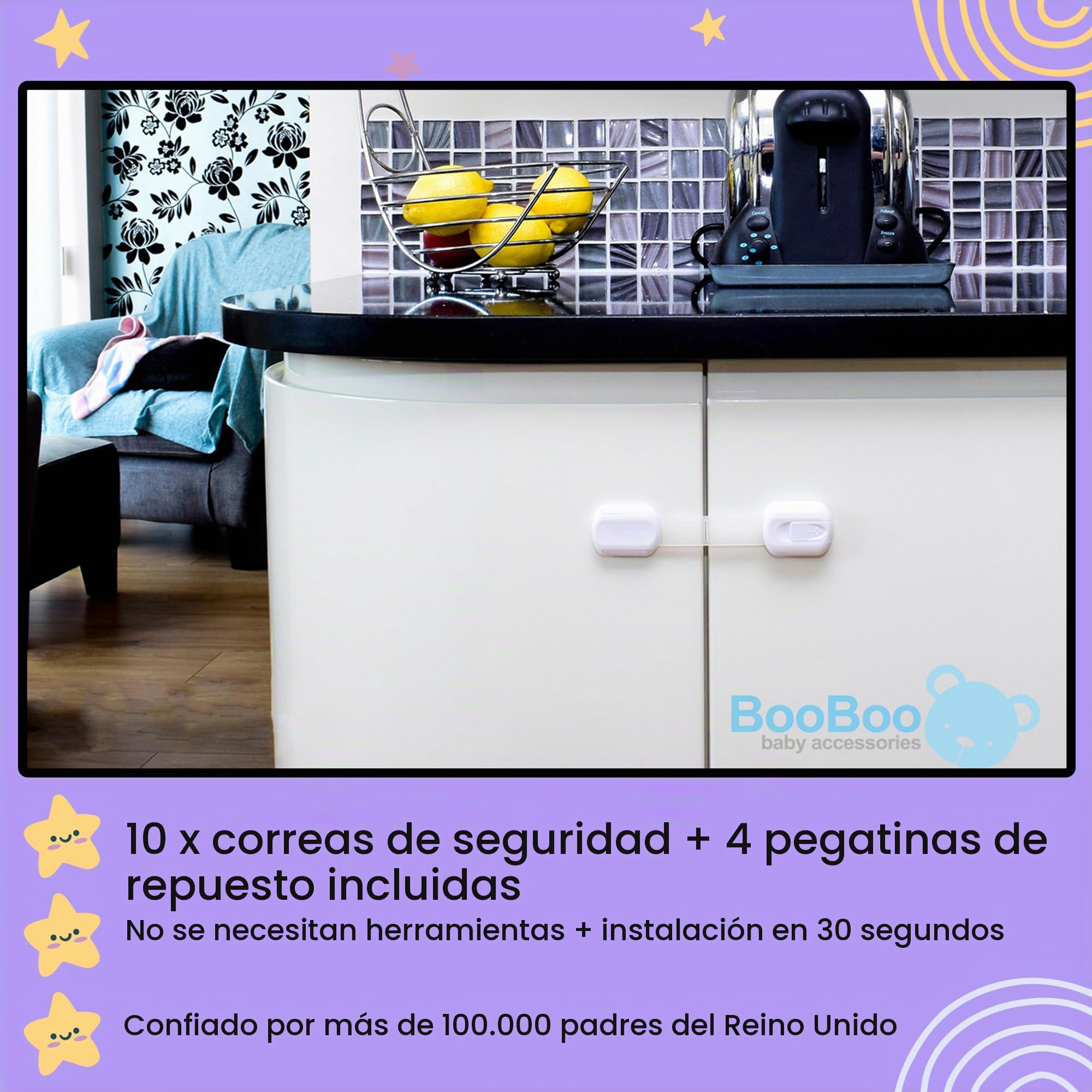 BooBoo - Cierres de seguridad infantil para armarios - Para evitar pillarse los dedos Facilísimos de instalar, ¡no necesitará herramientas! Juego de 6 cierres