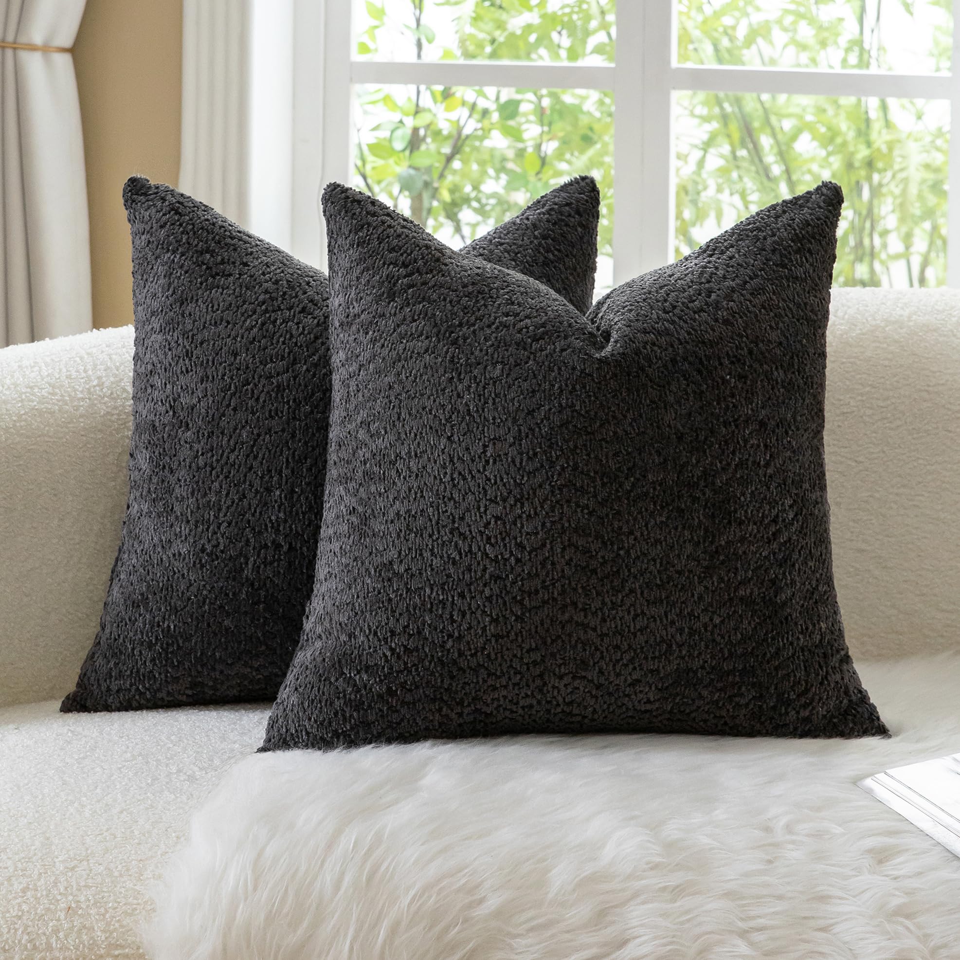 Neelvin Set of 2 Decorative Chenille Cushion Covers 16x32 Inch (40x80cm), Boucle Textured Soft Cozy Throw Pillow Covers for Couch, Living Room Sofa Bedroom Black — image 1