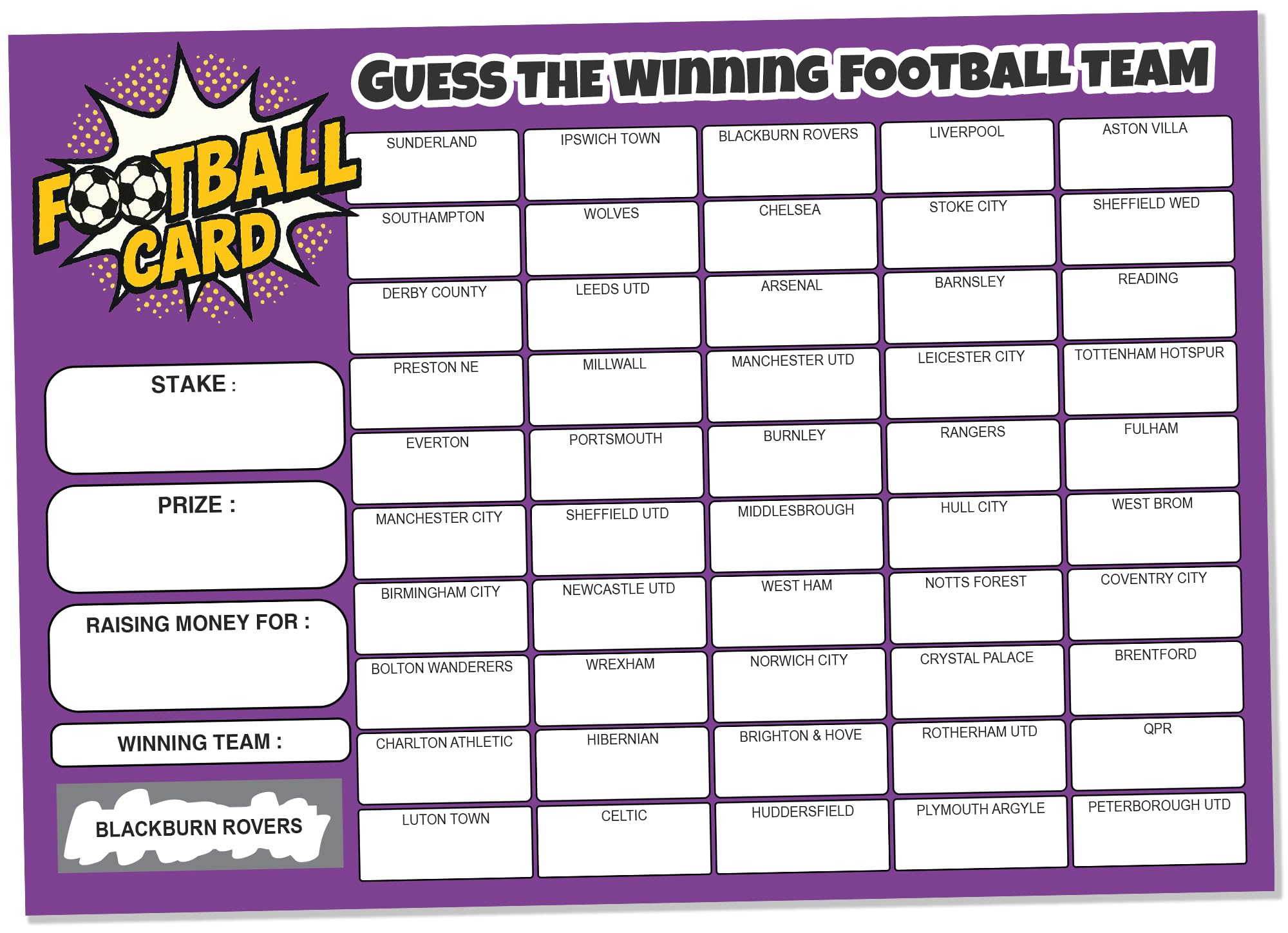 Gifts and Temptations Ltd Voetbal Team Scratch Cards Fundraiser, 100 kaarten, A4 formaat, 300gsm Hoogglans Card Stock, Willekeurige Team Namen Achter Scratch-Off Labels
