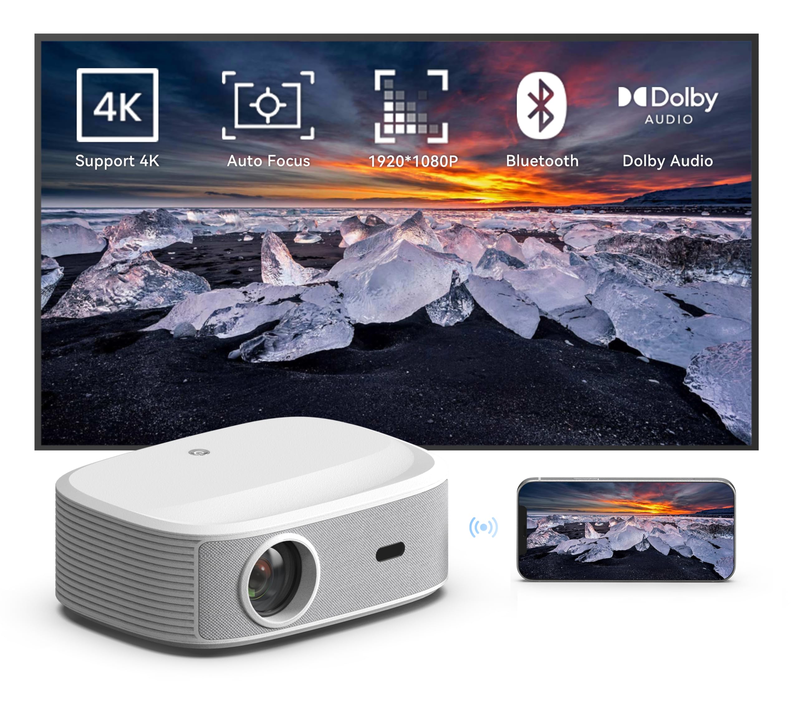 Maxxo Proiettore LED800, 700 ANSI lumen, nativo Full HD 1080P, supporto 4K, 5000:1, autofocus, 5G WiFi, Bluetooth, Dolby Audio, Certificato Netflix, YouTube, Prime Video, Linux (bianco)
