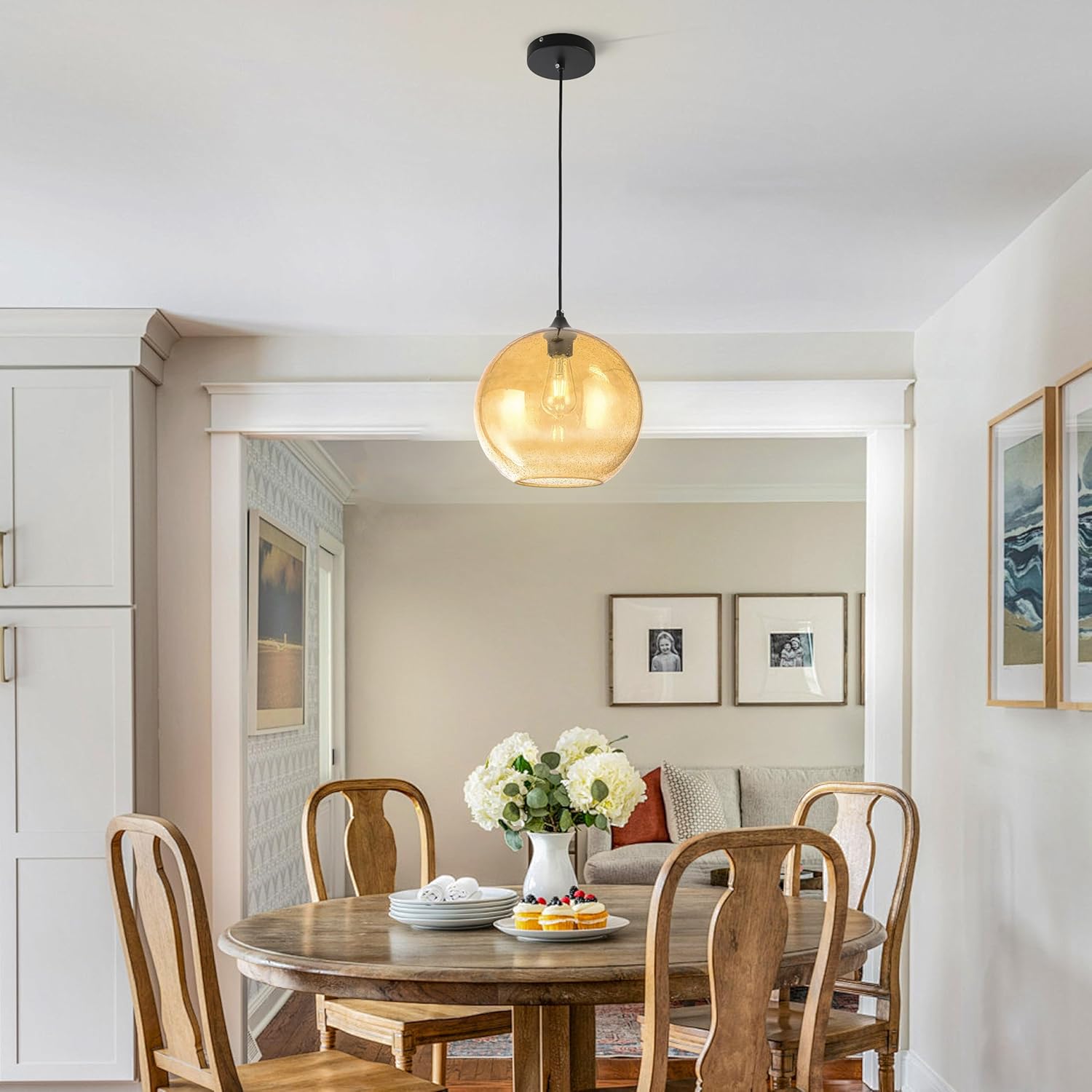 Amber Glass Pendant Ceiling Light Fixture Mid Century Modern Globe Hand Blown Glass Pendant Light Ceiling Hanging Light fixtures for Kitchen Island Dining Room Light Fixture,11.8inch