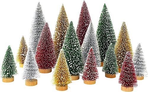 Whaline 16 piezas de mini árbol de Navidad artificial, árboles esmerilados de nieve, rojo, verde, oro, plata, botella, árbol de escritorio, mini