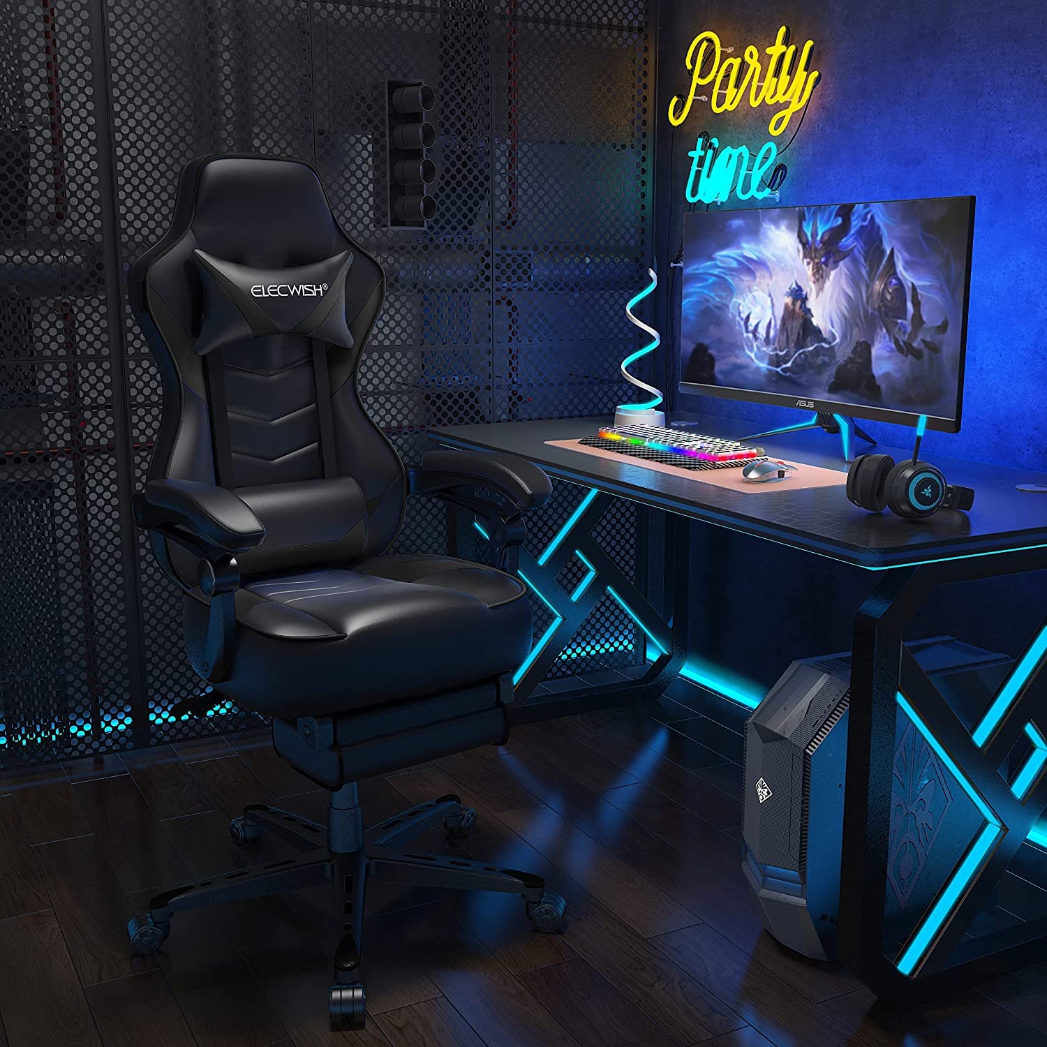 YU YUSING Gaming Stoel met Massagefunctie, Bureaustoel, Verstelbare Rugleuning 90-150°, Ergonomische Gevoerde PC-Stoel, Intrekbare Voetensteun, Hoofdsteun, Lendenkussen, Draaistoel, Gamersstoel, Zwart