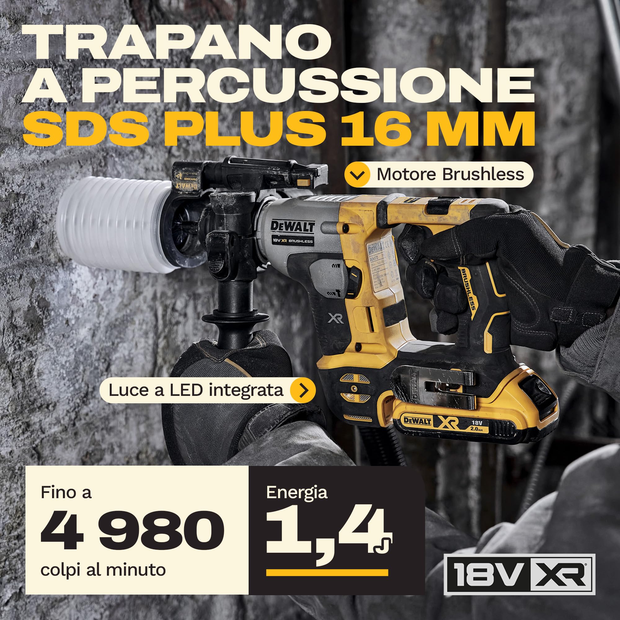 DEWALT Trapano a percussione 18V XR SDS PLUS 16mm, solo utensile, DCH172N-XJ