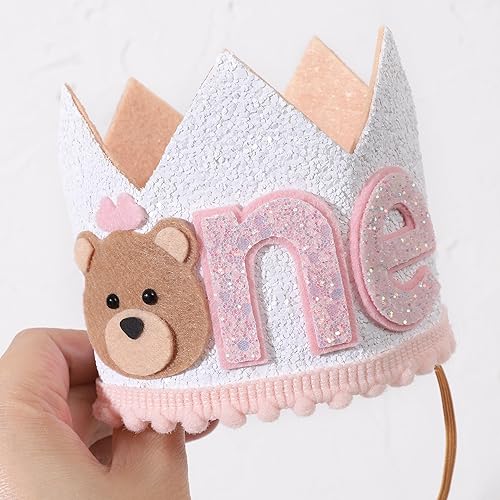 Miniatura 8 de Corona de oso de peluche de primer cumpleaños para niñas, sombrero de oso pequeño, decoración de una campista feliz