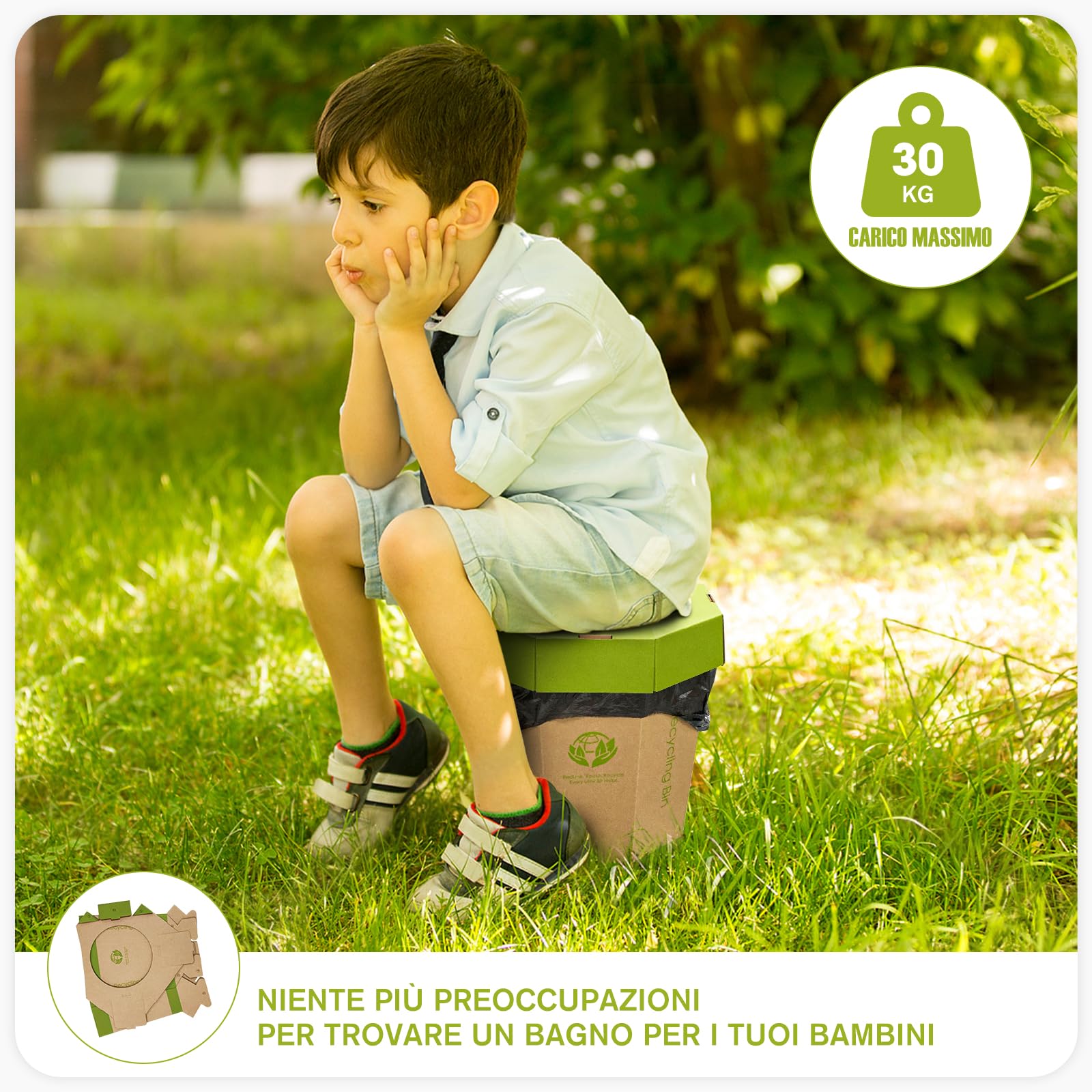 5-Pack Cestini di Cartone (12L) Riutilizzabili, Pieghevoli, Riciclabili, Senza Plastica- Cestini Spazzatura & Toilette di Emergenza per Bambini - Cestini per Ufficio, Camera da Letto, Uso in Movimento